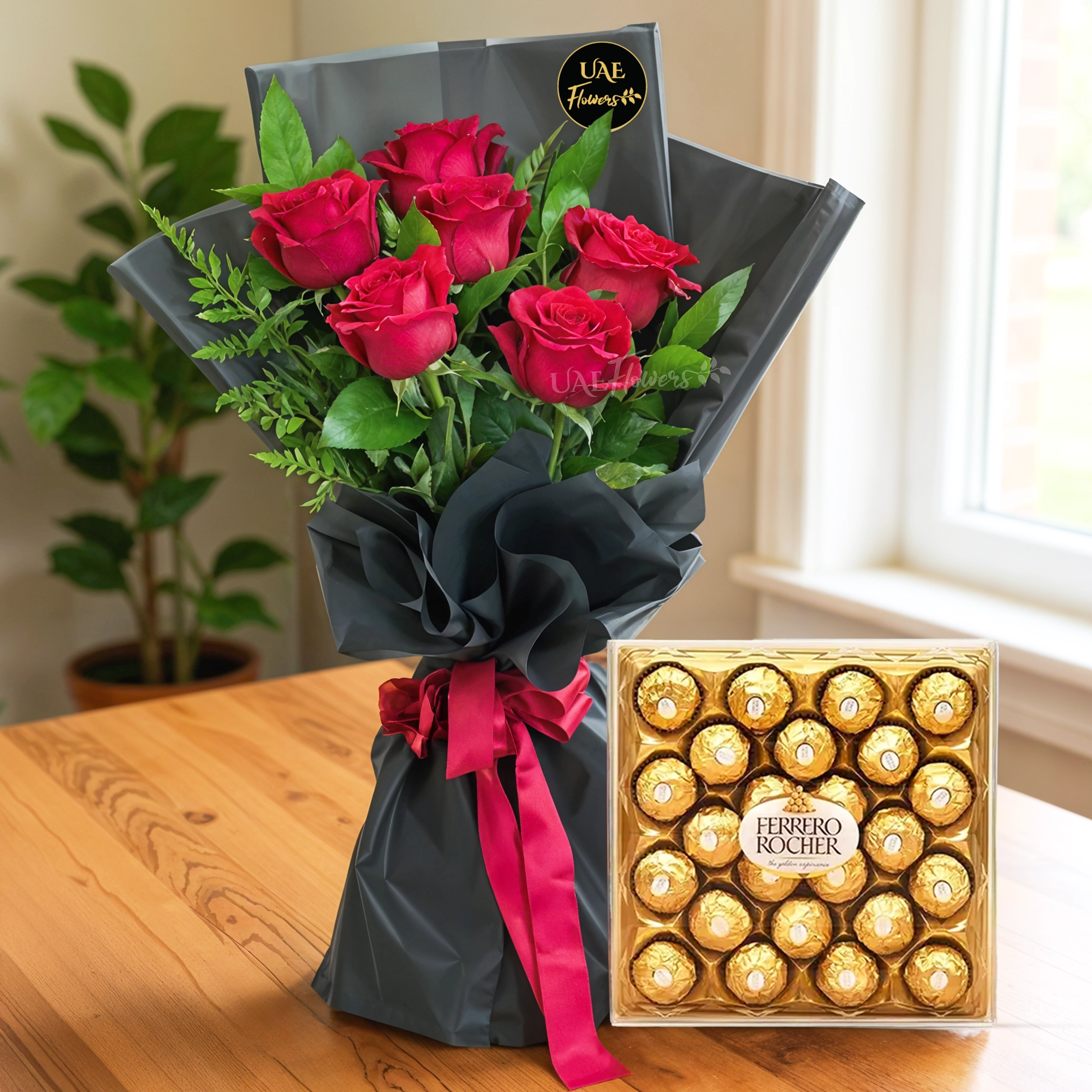Bouquet of 6 red roses with 24 pcs Ferrero Rocher Chocolate Box.