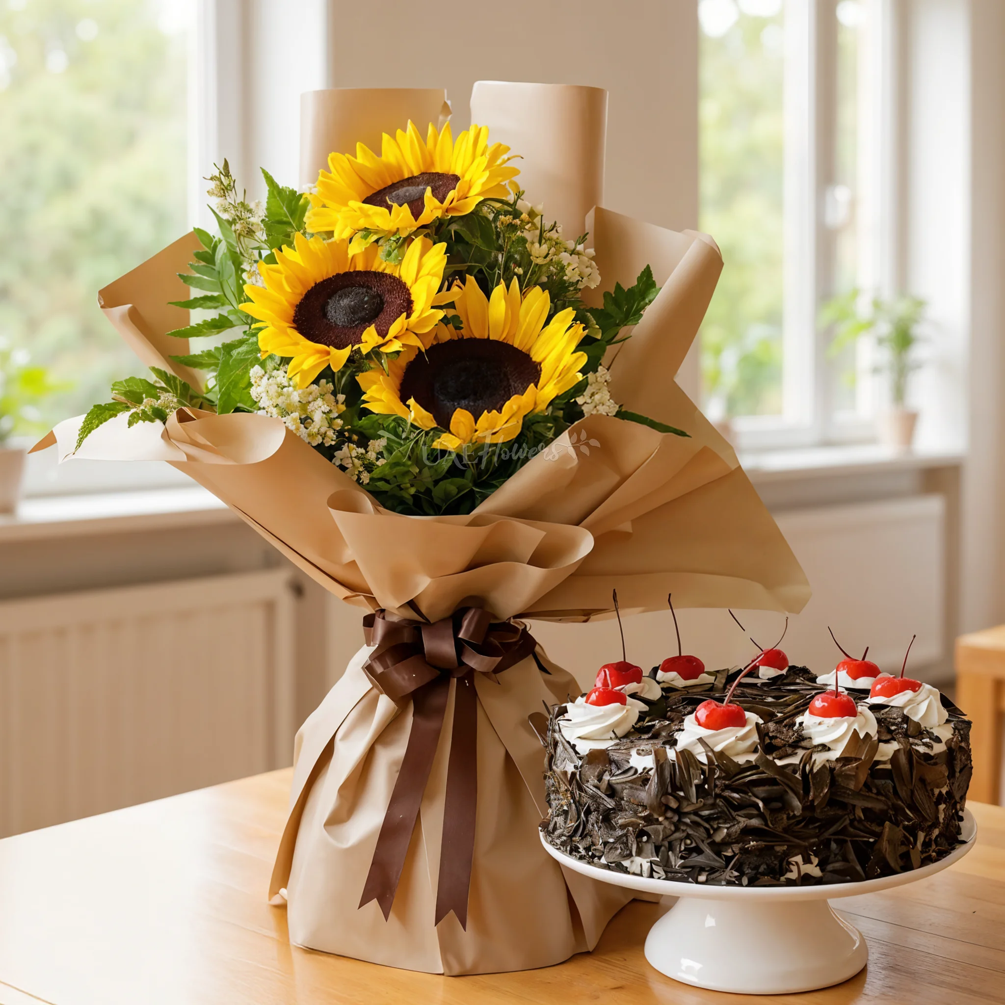 Bunch of 3 sunflower with 1 Kg Black Forest Cake