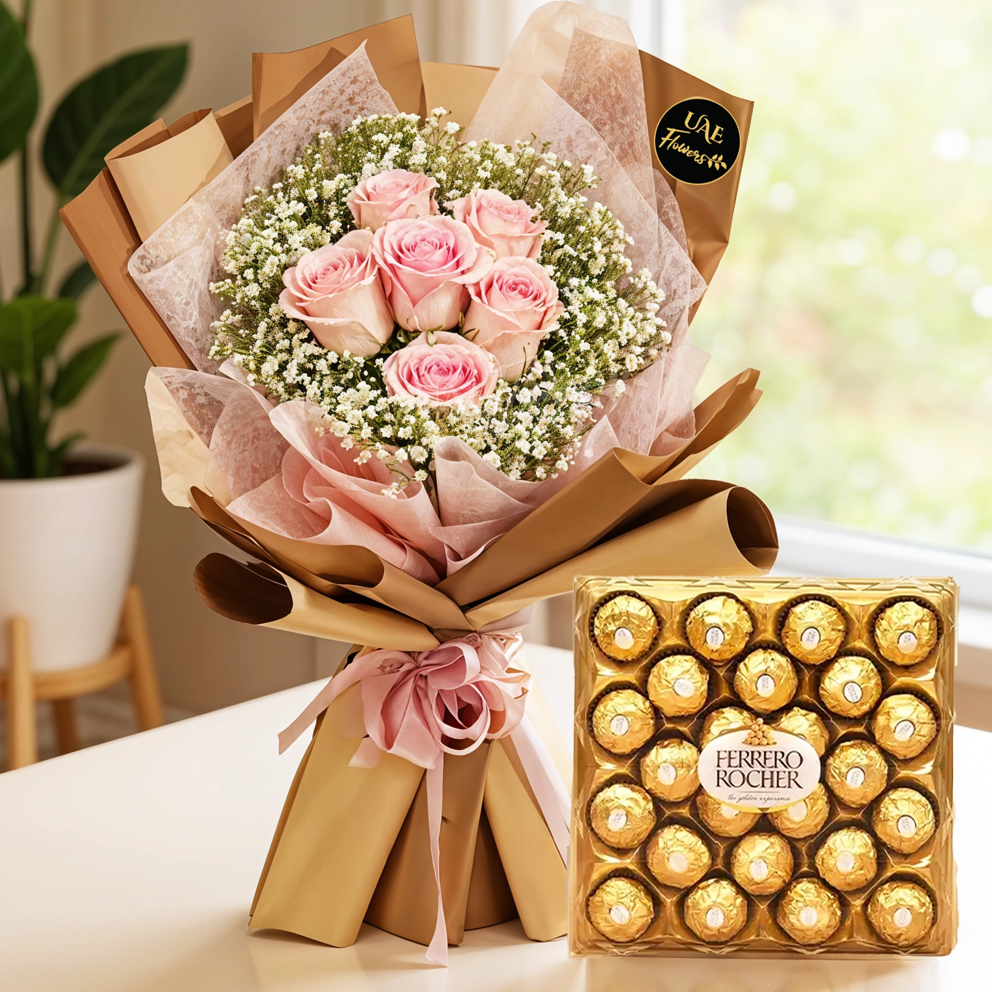 Bouquet of 6 Pink Roses and 24 pcs of ferrero rocher chocolate.