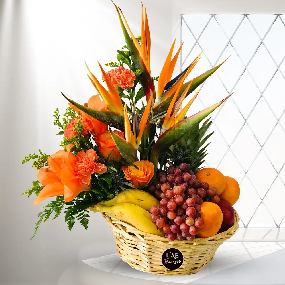 Basket of Golden Flowers, Spikey Bird of Paradise, Lilies
