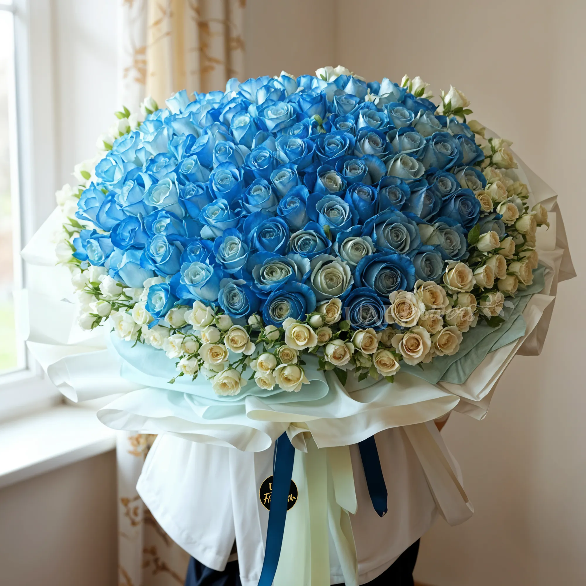 Bouquet of 100 blue roses with 50 white spray roses