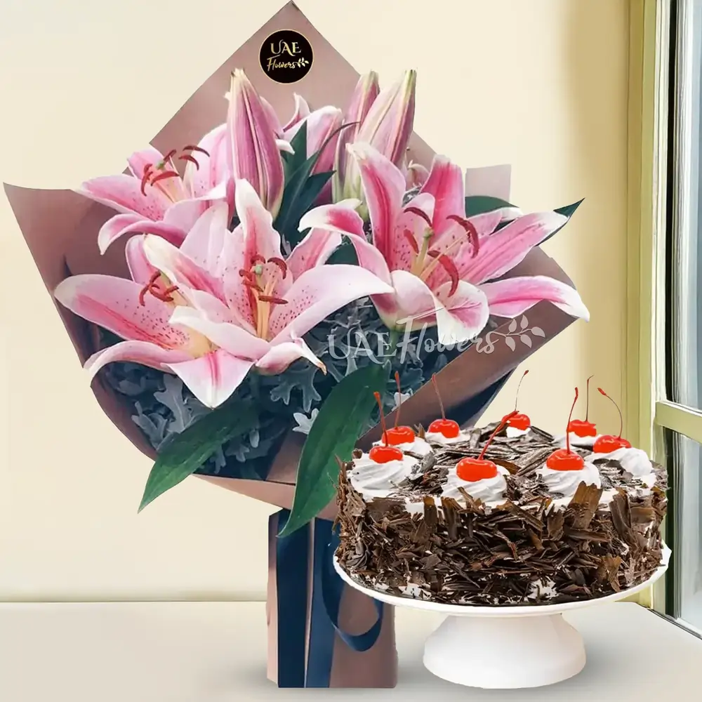 Bouquet of 3 stems of pink lilies with 1 Kg Black Forest Cake