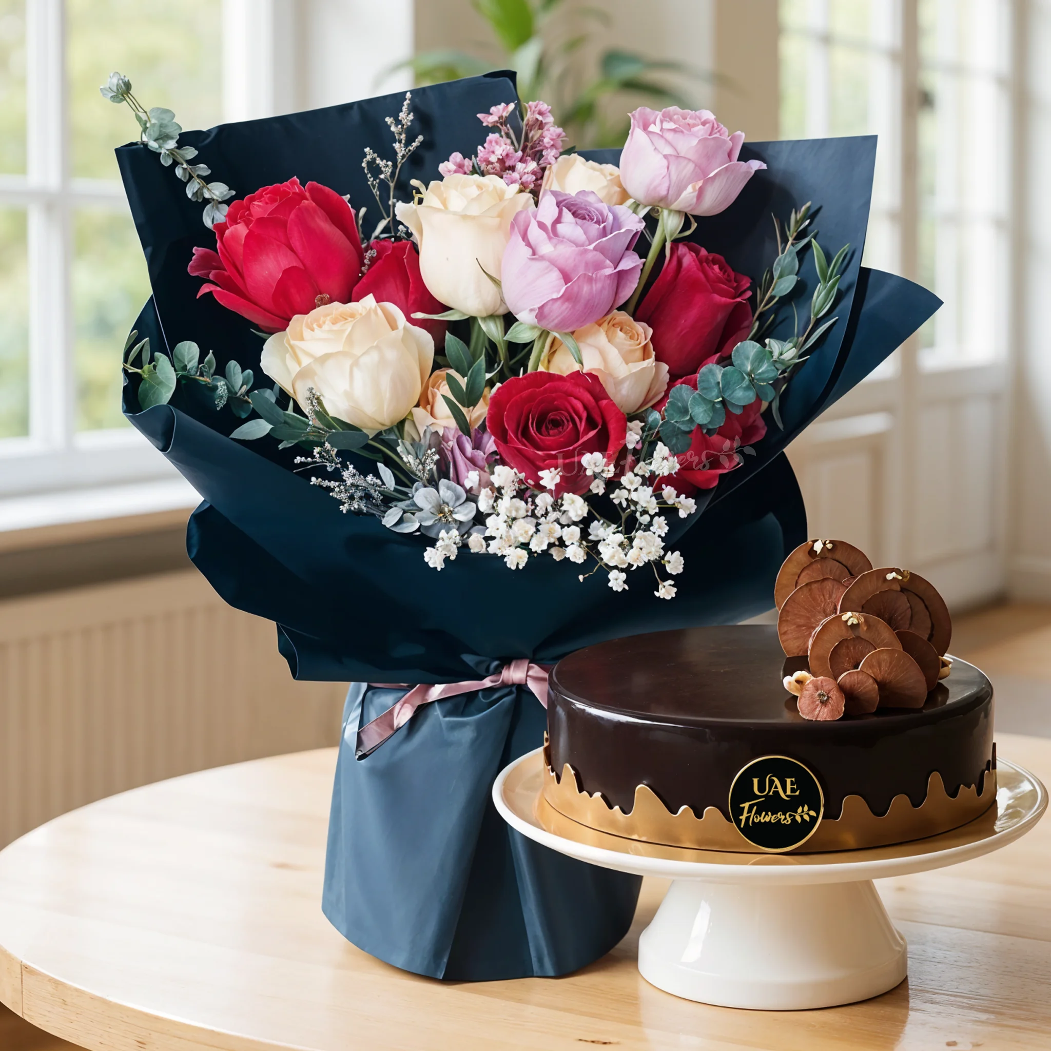 Bouquet of 12 Mixed Roses with 1 kg Chocolate Cake