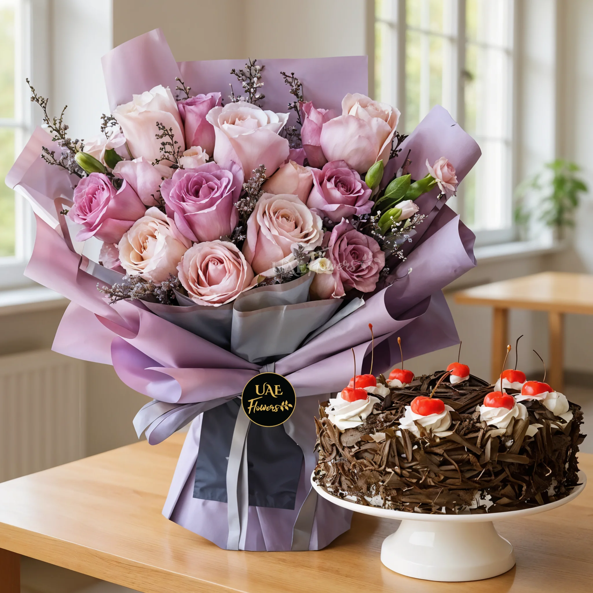 Bouquet of Roses & Carnations with Black Forest cake