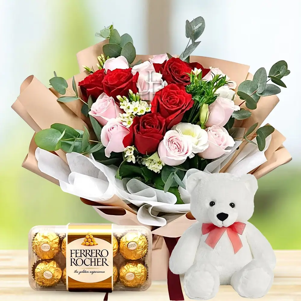 Bouquet of 15 mixed Roses with Ferrero chocolate & Small teddy