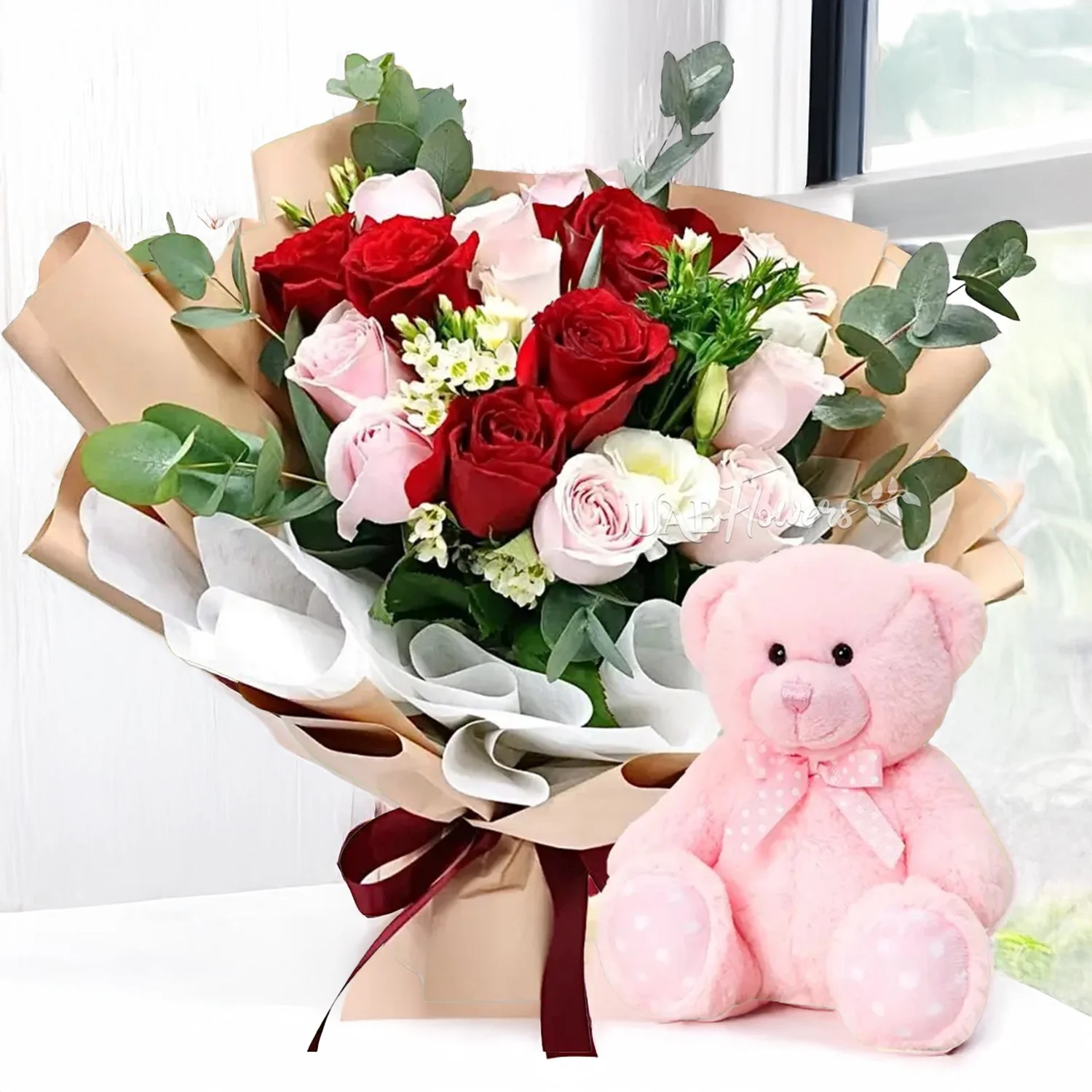 Bouquet of 12 Roses with 12 inches teddy bear