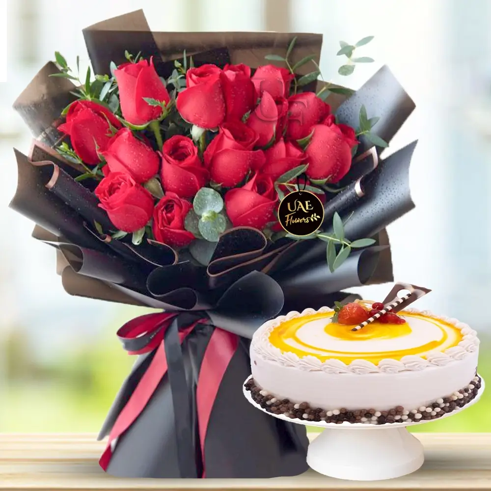 Bouquet of 12 stems of red roses and 1 Kg Butterscotch Cake
