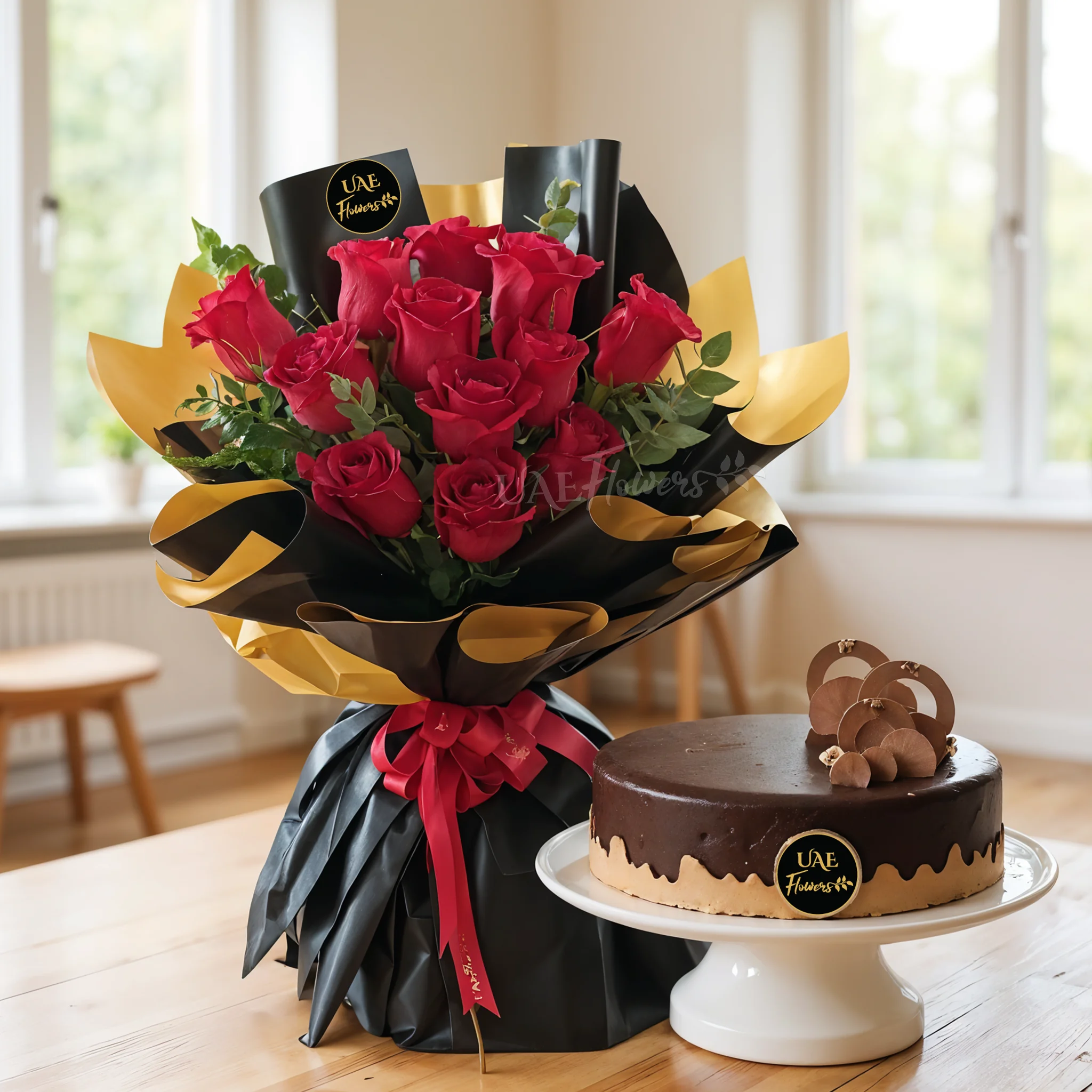 Bouquet of 12 Red Roses with 1 kg Chocolate Cake