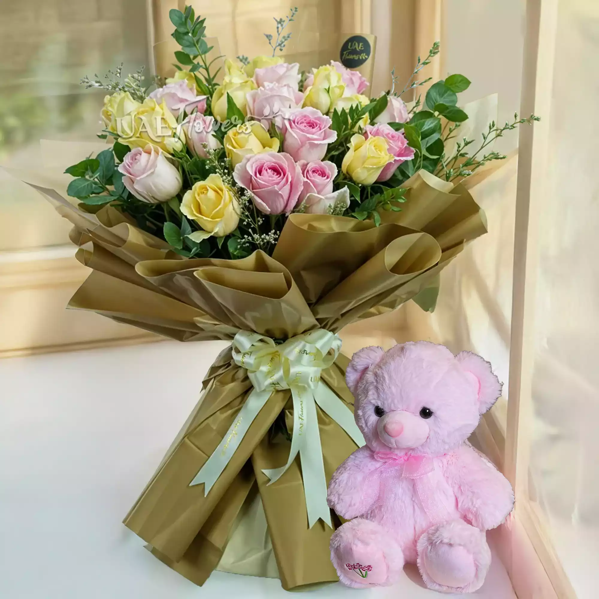 Bouquet of 20 Mixed Roses with small teddy bear