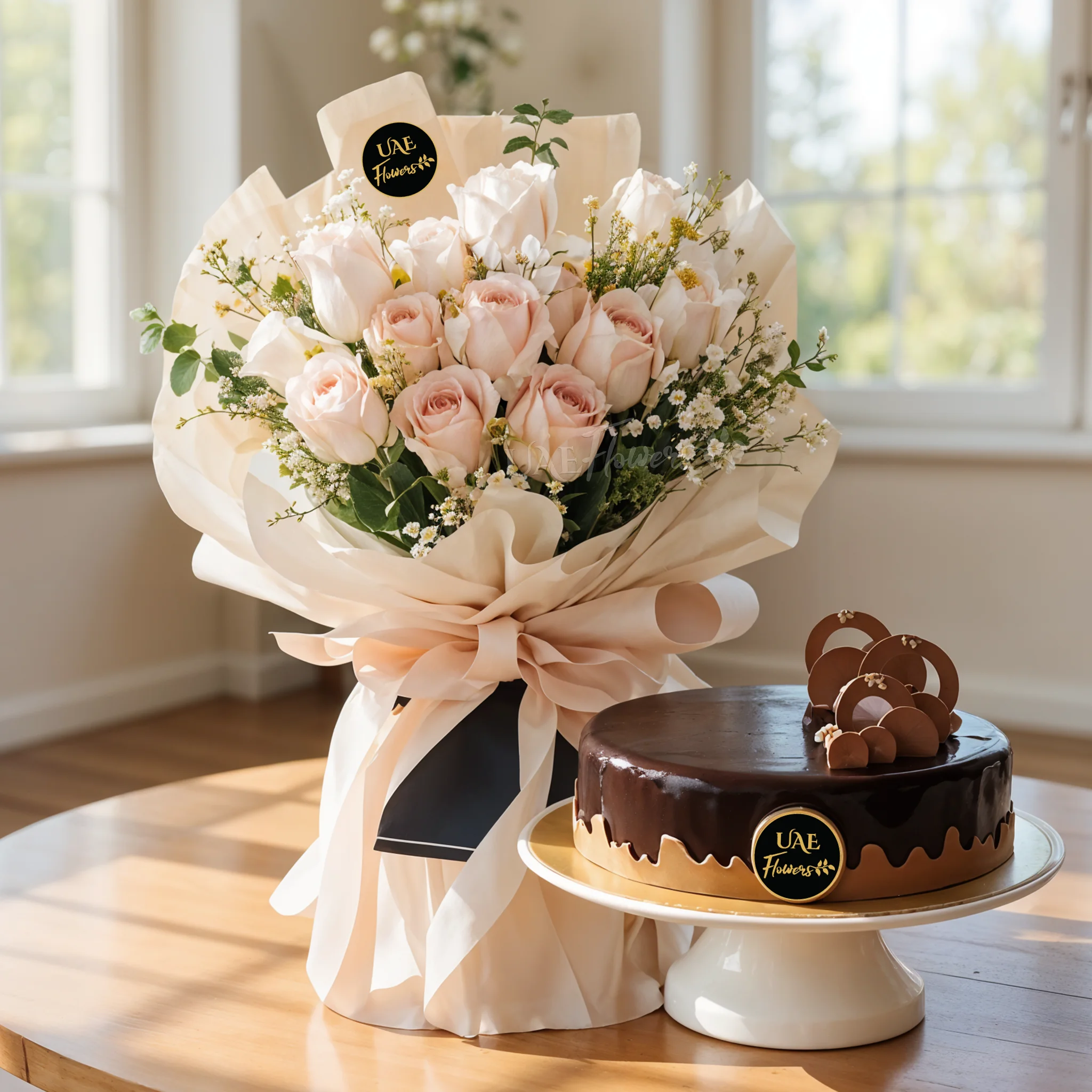 12 stems of pink roses with 1 Kg Chocolate Cake.