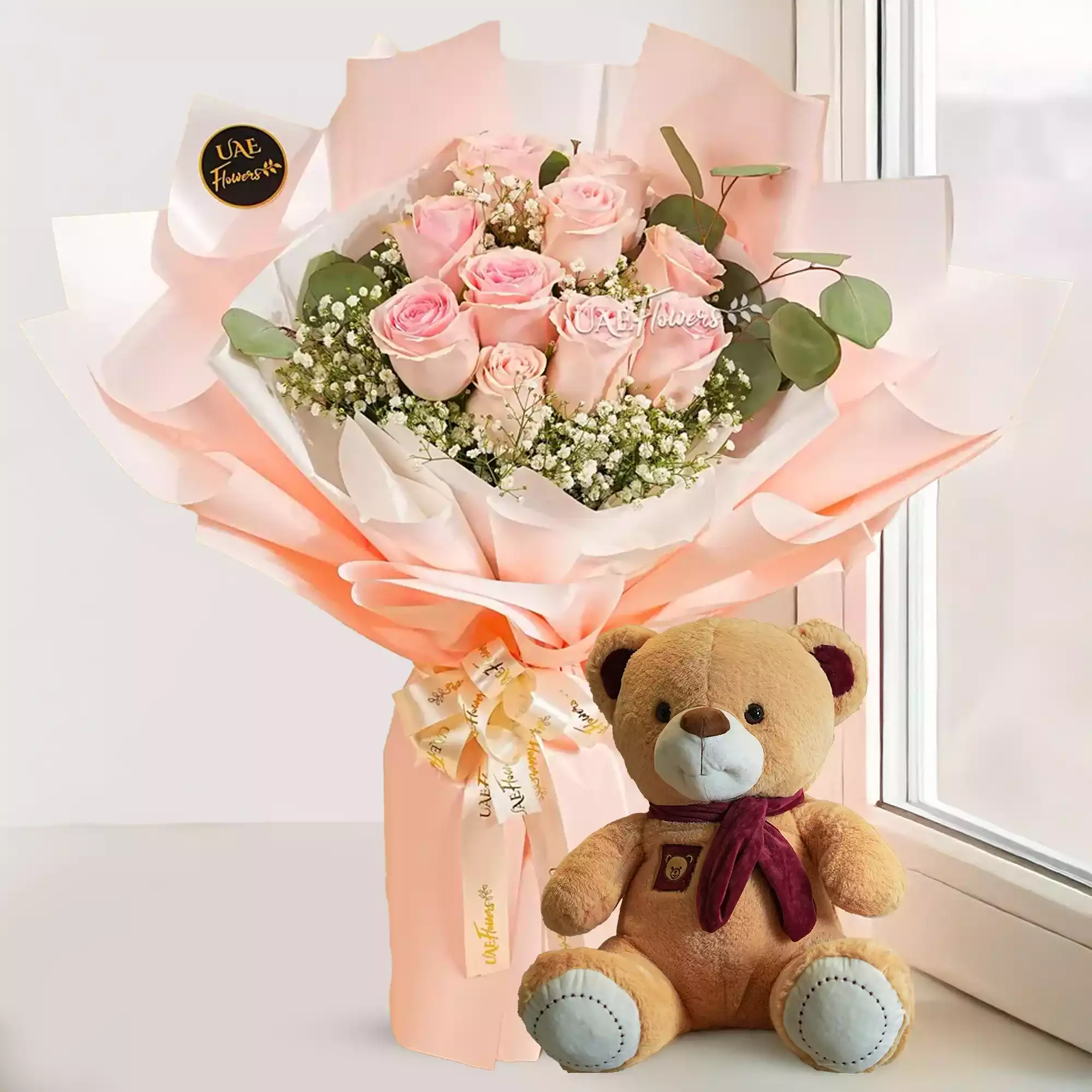 Bouquet of 10 pink roses with Small Brown Teddy Bear