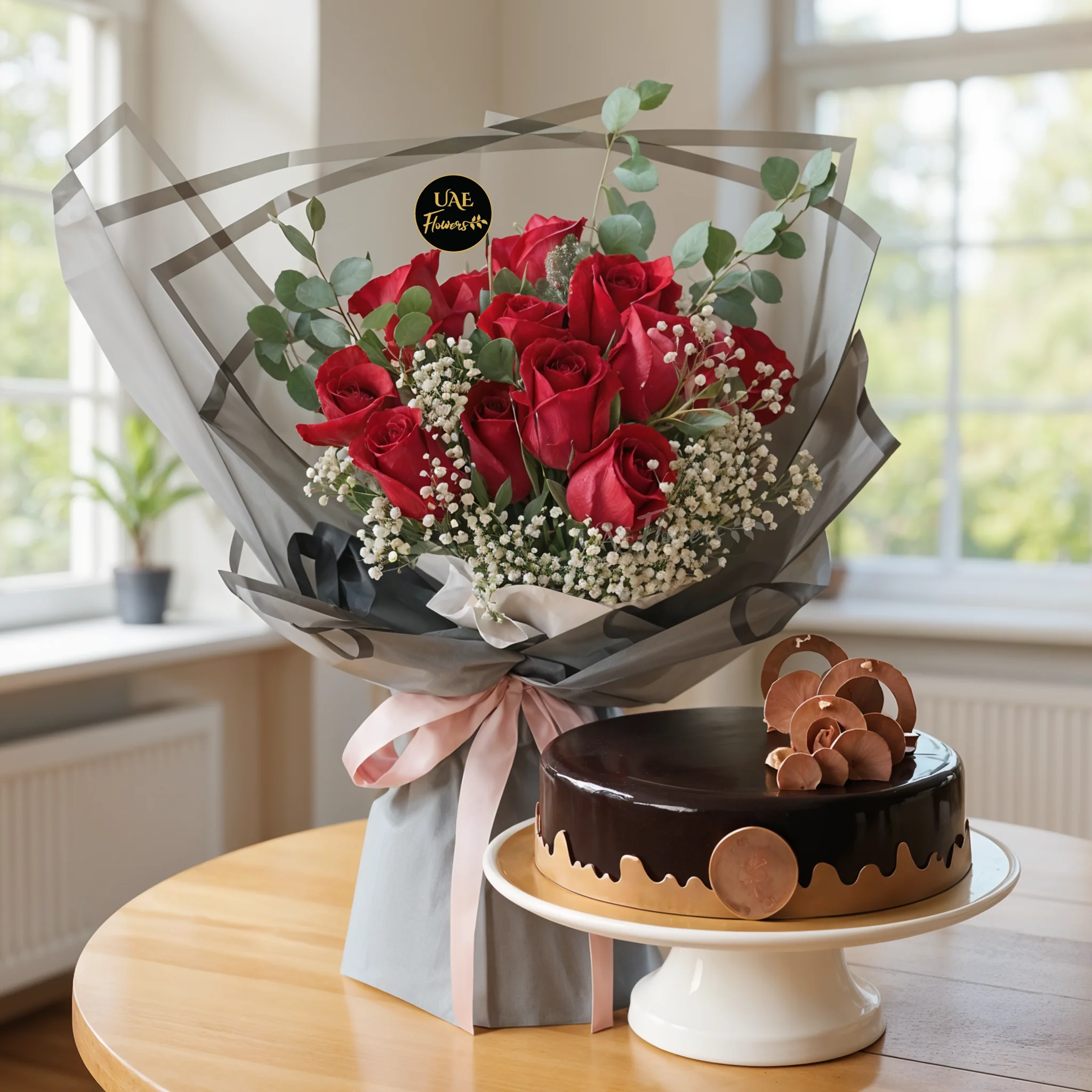 Bouquet of 12 red roses with 1 Kg Chocolate Cake