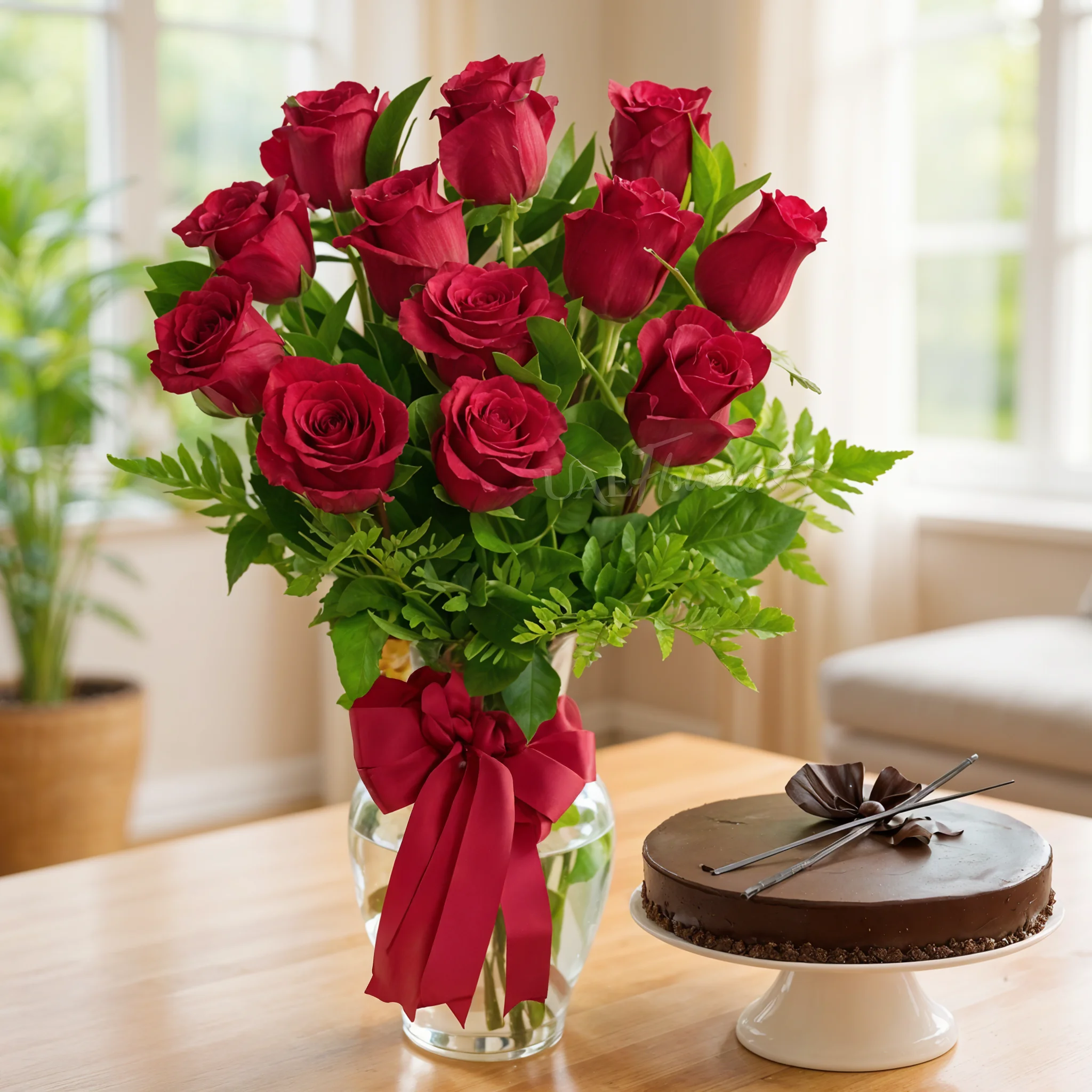 Vase with 12 Red Roses and 1 Kg Chocolate Cake
