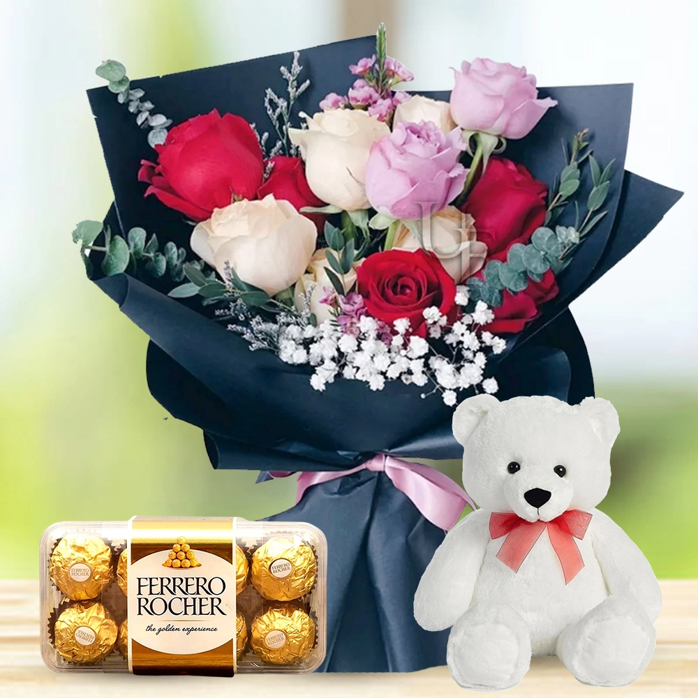 Bouquet of Mixed Roses with Ferrero Rocher Chocolate & Teddy bear