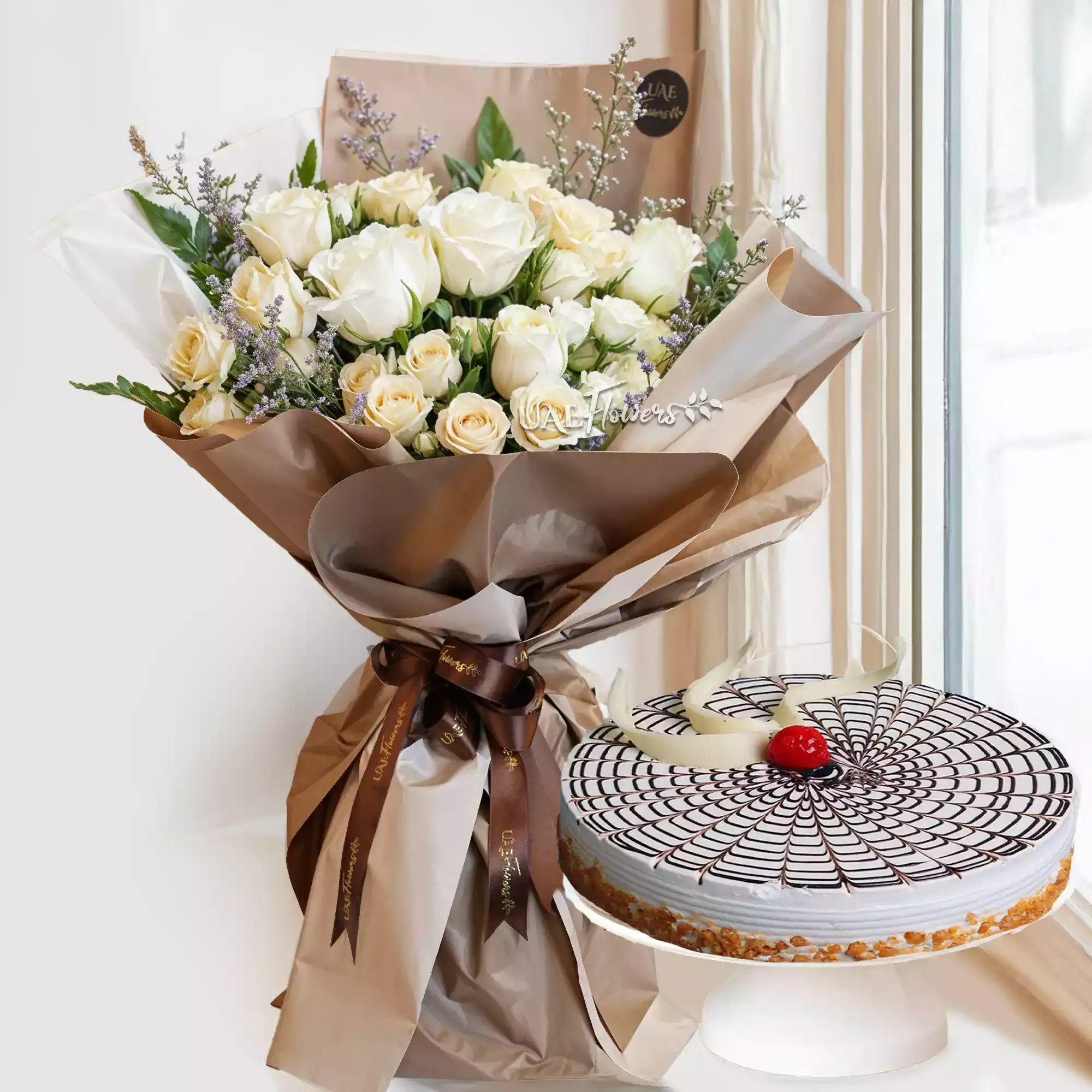 Bouquet of White and Peach Roses with 1 kg butterscotch cake
