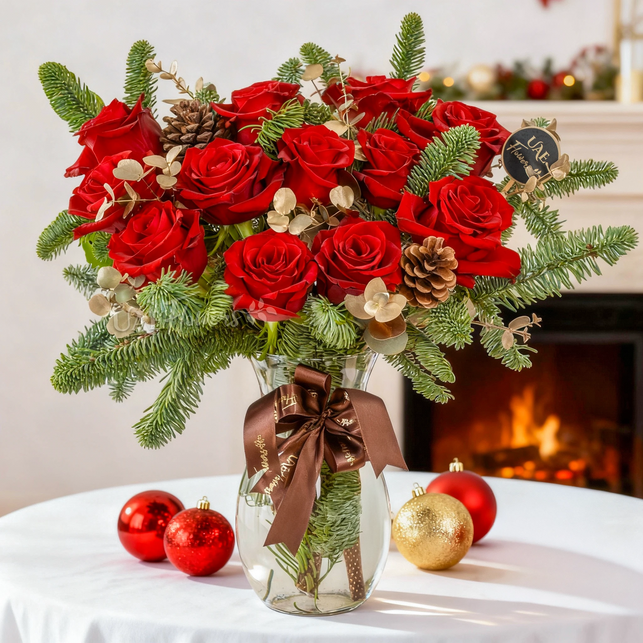 12 red roses with gold-sprayed eucalyptus and nobilis leaves in a glass vase.