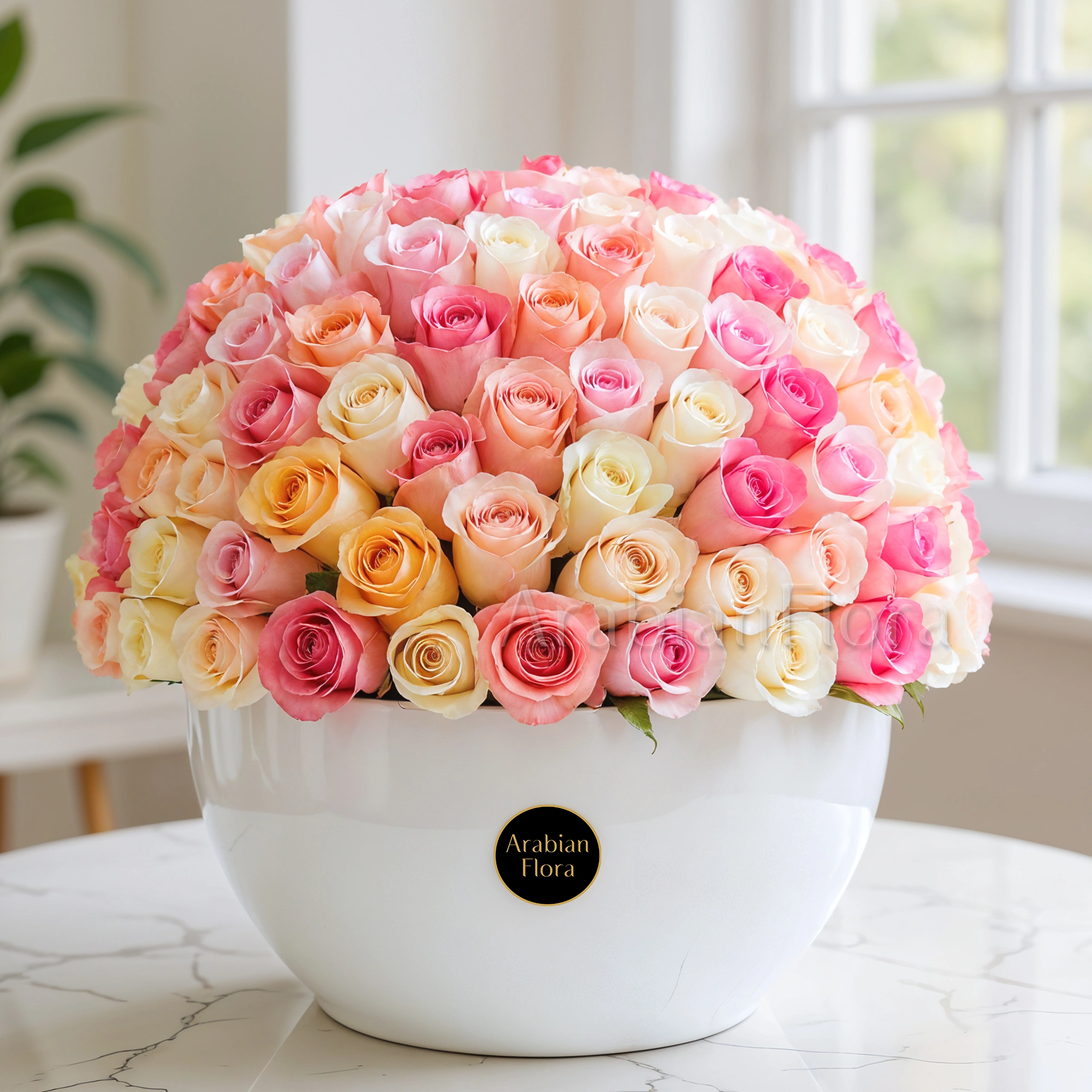 100 Mixed Pastel Roses In Ceramic Vase