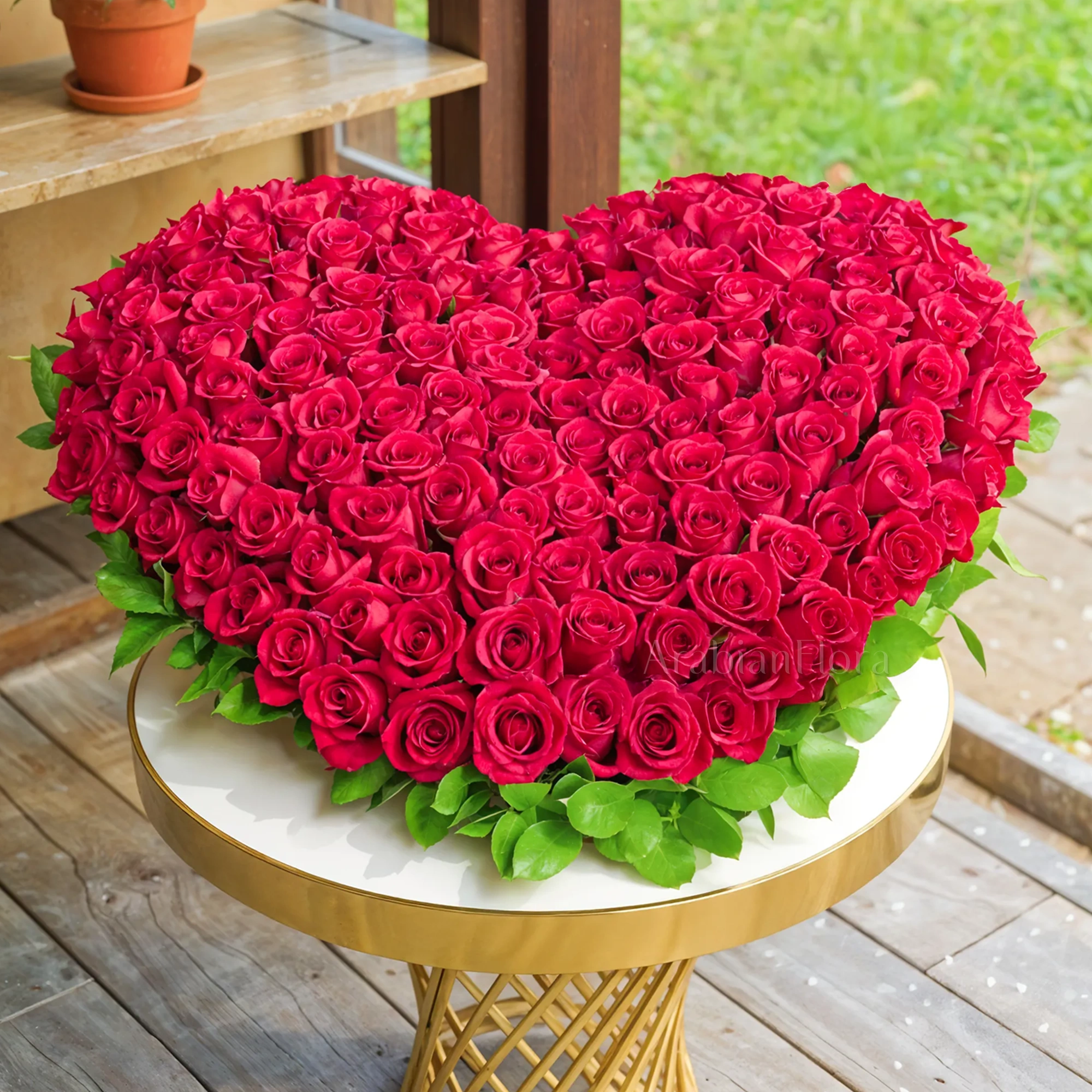 Heart Shaped arrangement of 100 Red Roses with fillers
