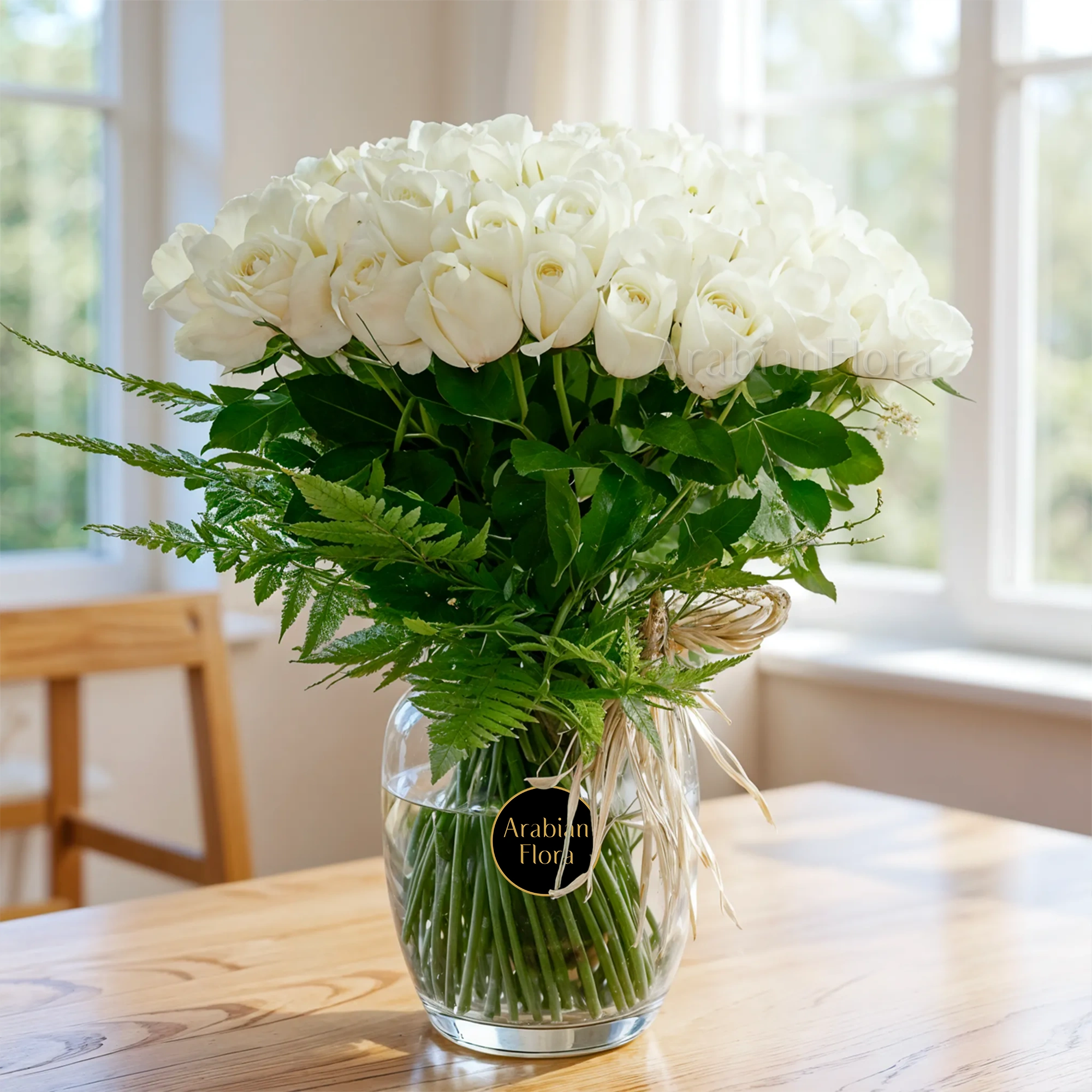 Glass vase of 100 white roses with green fillers