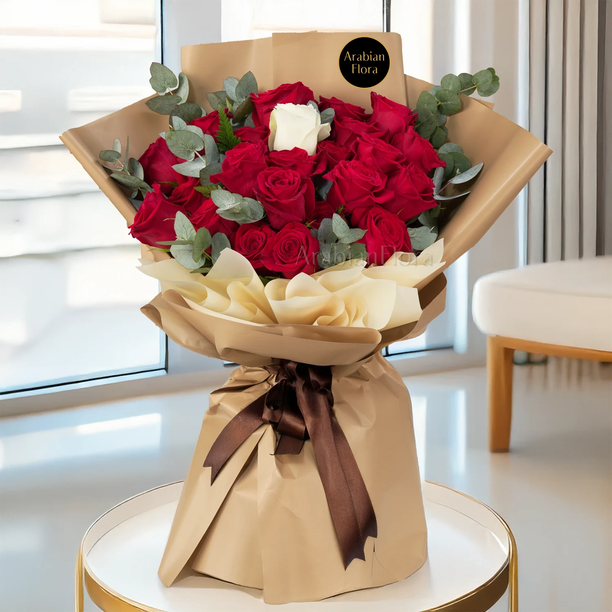 red roses, white roses , brown ribbons. bouquet