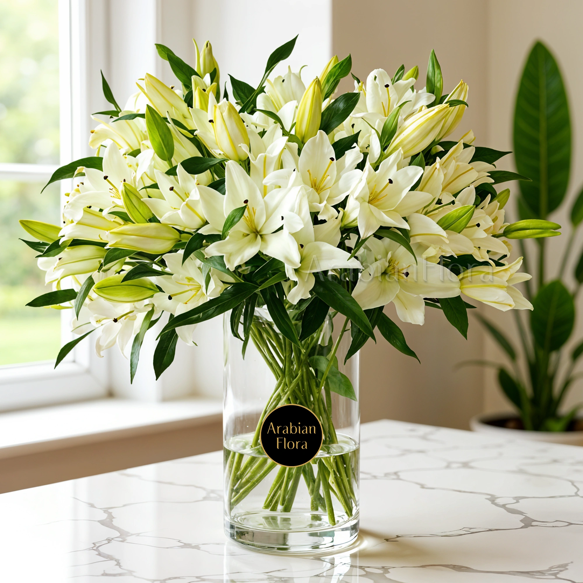 20 white lilies in a clear glass vase.
