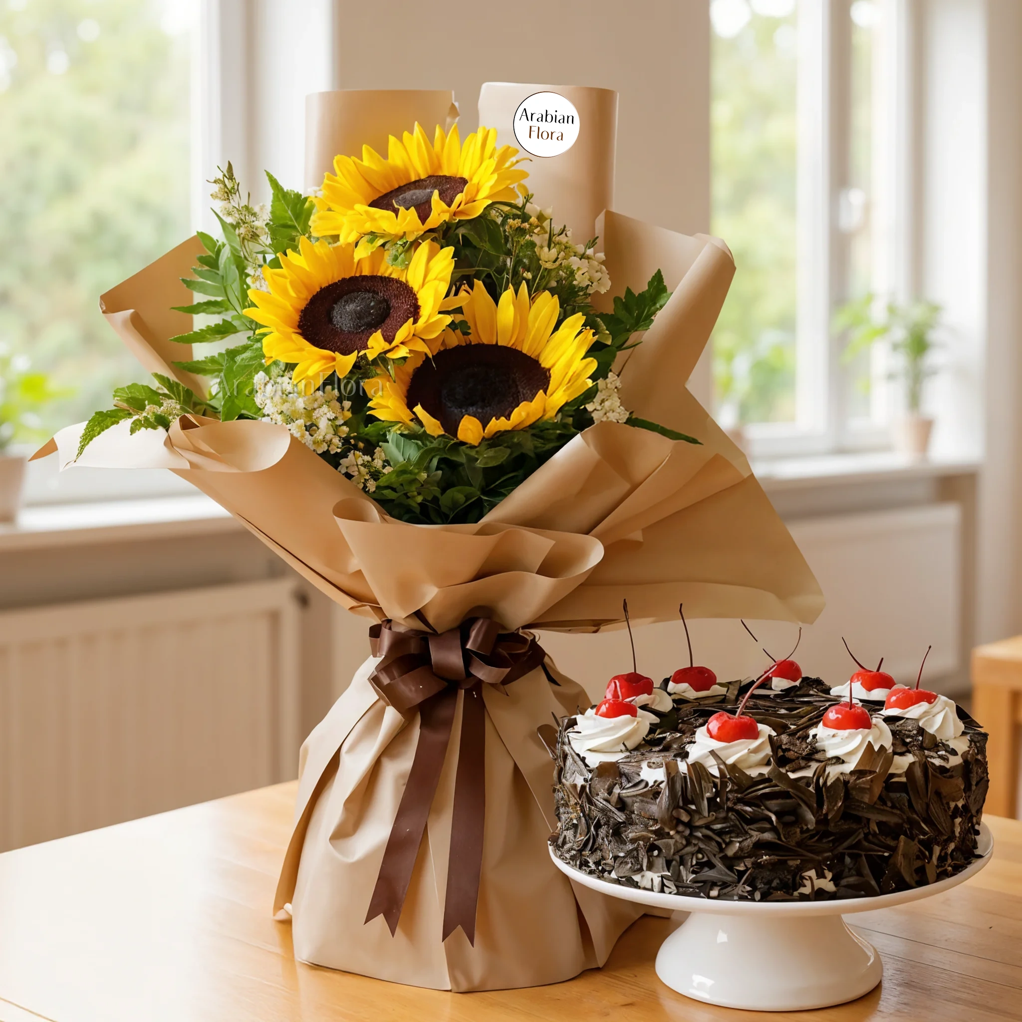 Bunch of 3 sunflower with 1 Kg Black Forest Cake