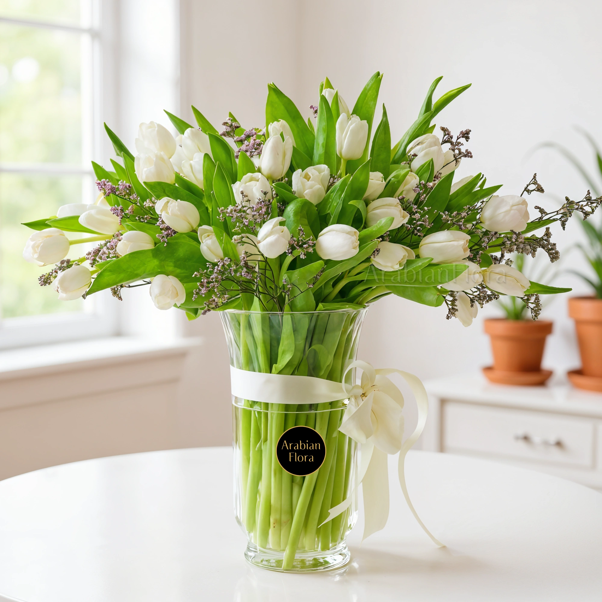 40 white tulips vase arrangement with limonium fillers & a white ribbon.