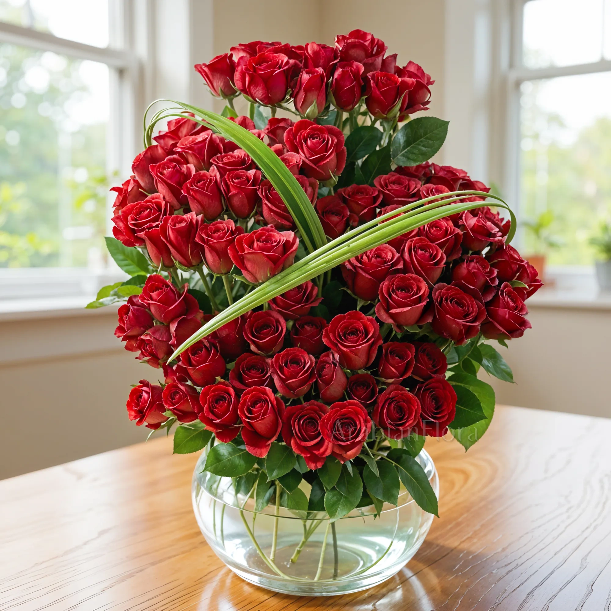 Glass vase with 100 Stems Of Red Roses in step with steel grass