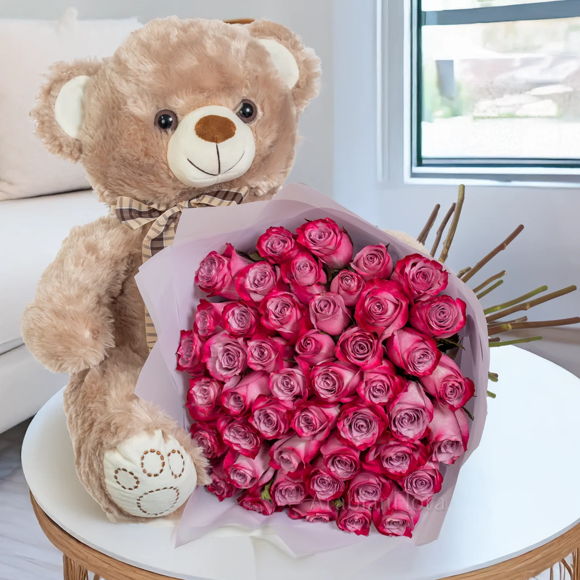 Bouquet of 50 purple roses with small teddy bear