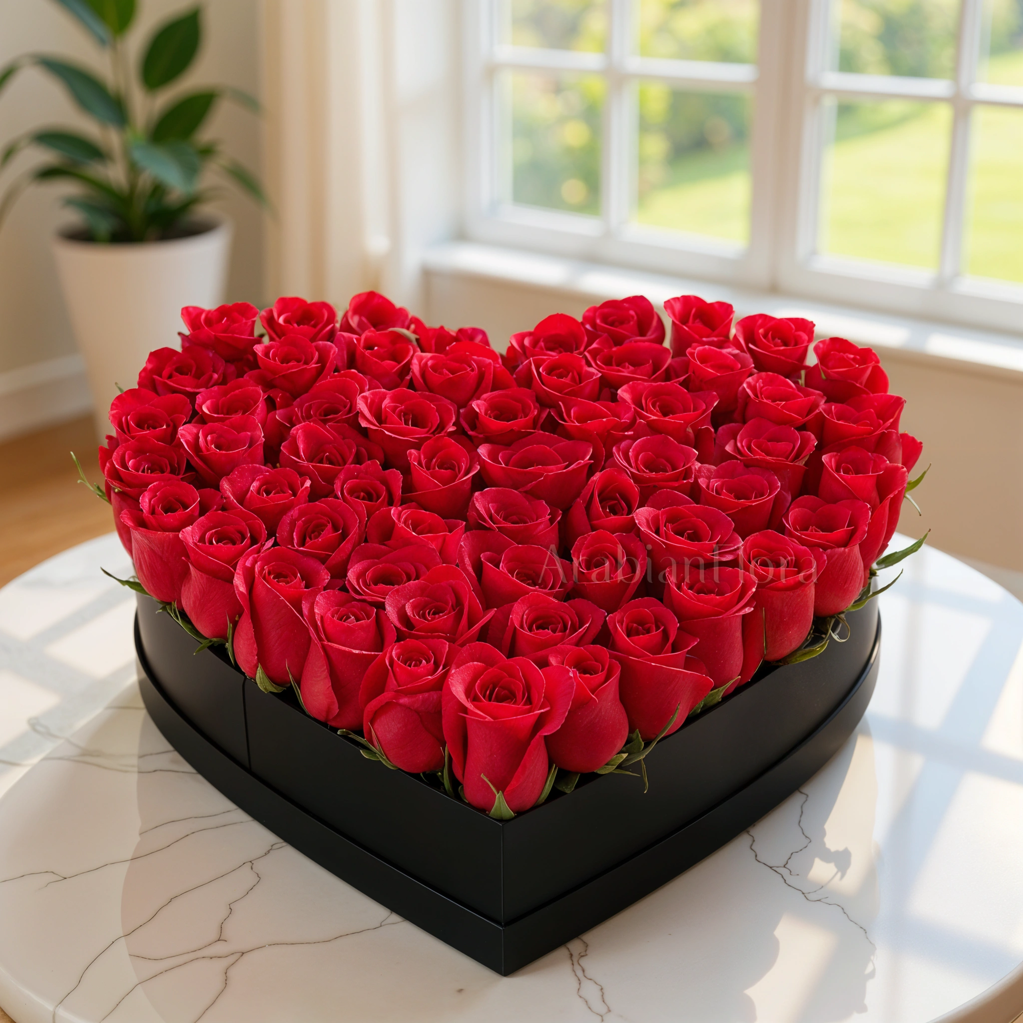 60 stems of red roses in heart shape box