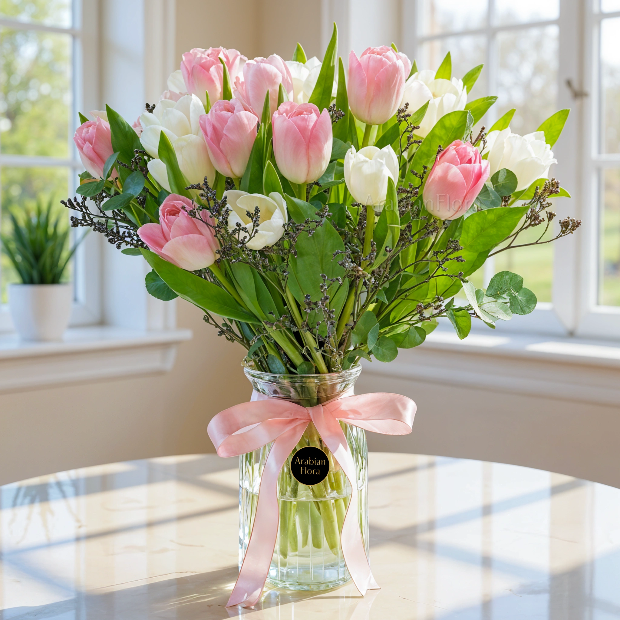 20 Pink and White Tulips with Greens in a Glass Vase