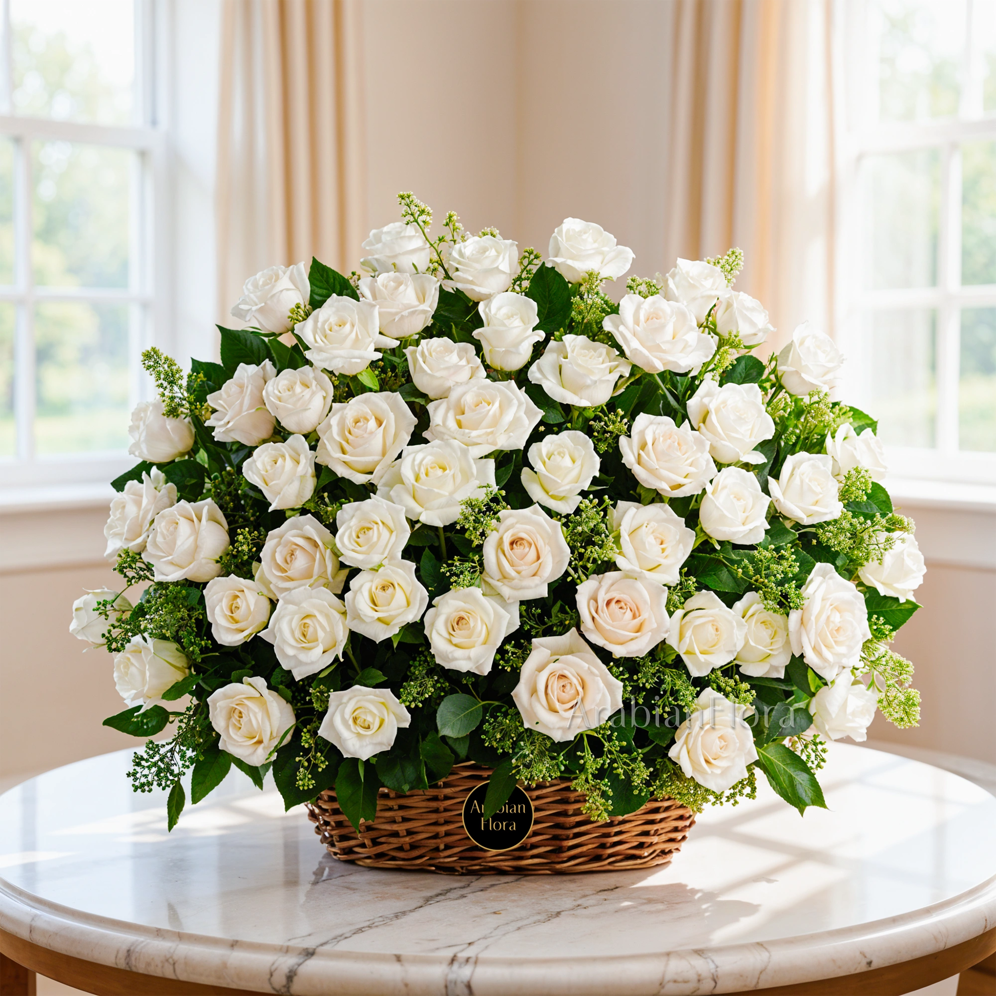 Basket arrangement of 40 Stems of White Roses with fillers