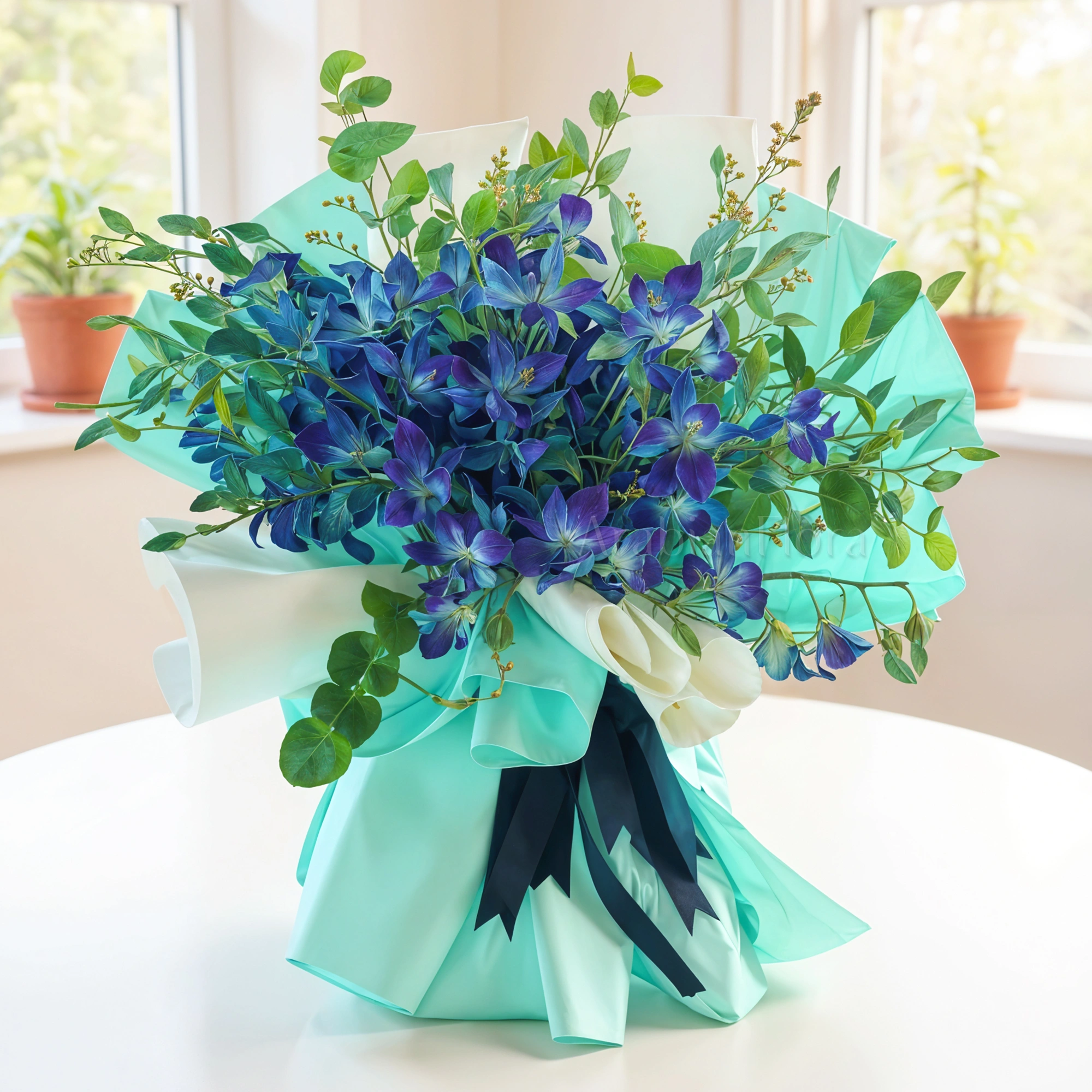 Bouquet of 20 stems of blue orchids with greens and limonium fillers wrapped in paper packing.