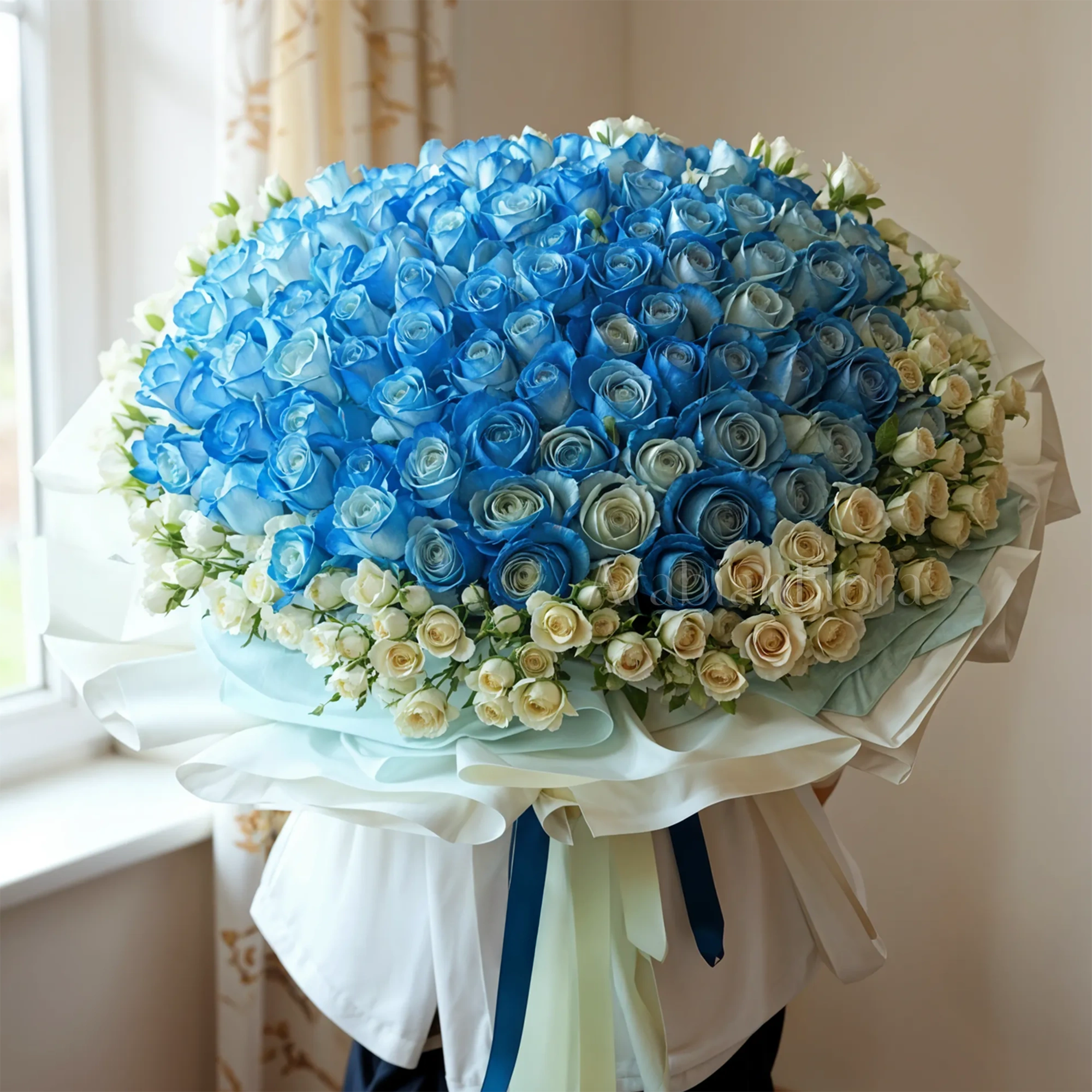 Bouquet of 100 blue roses with 50 white spray roses