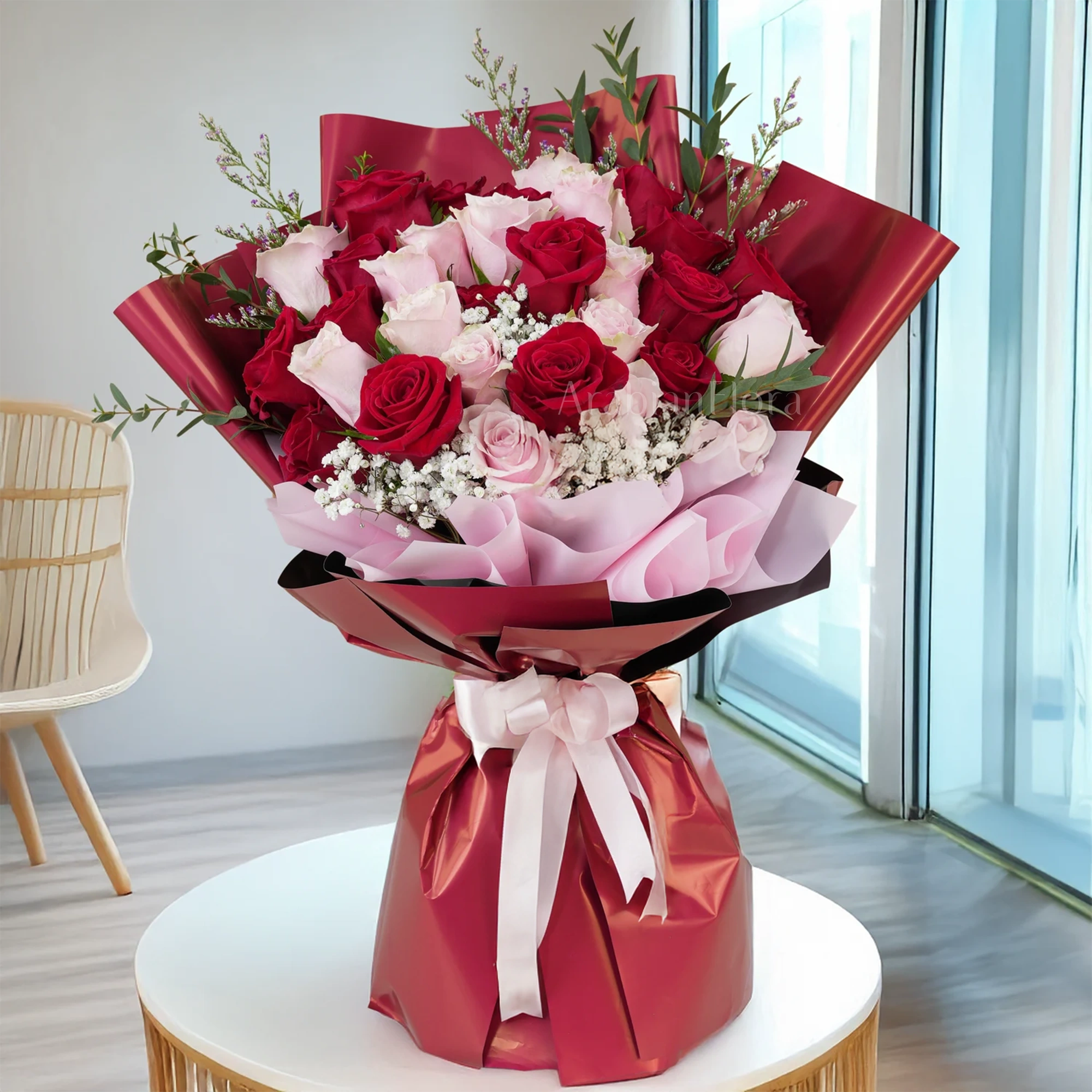 red roses, pink roses, baby's breath, Bouquet