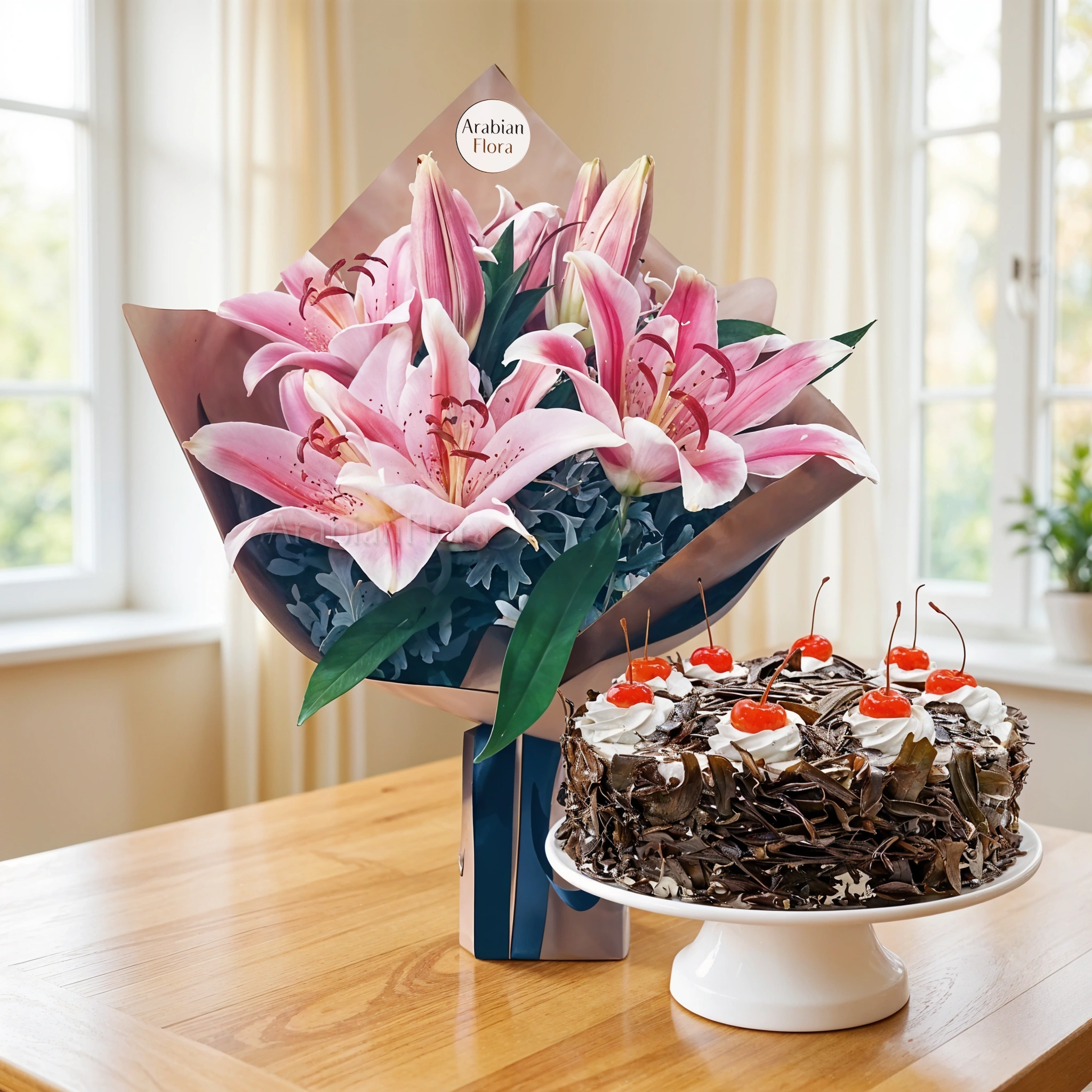 Bouquet of 3 stems of pink lilies with 1 Kg Black Forest Cake