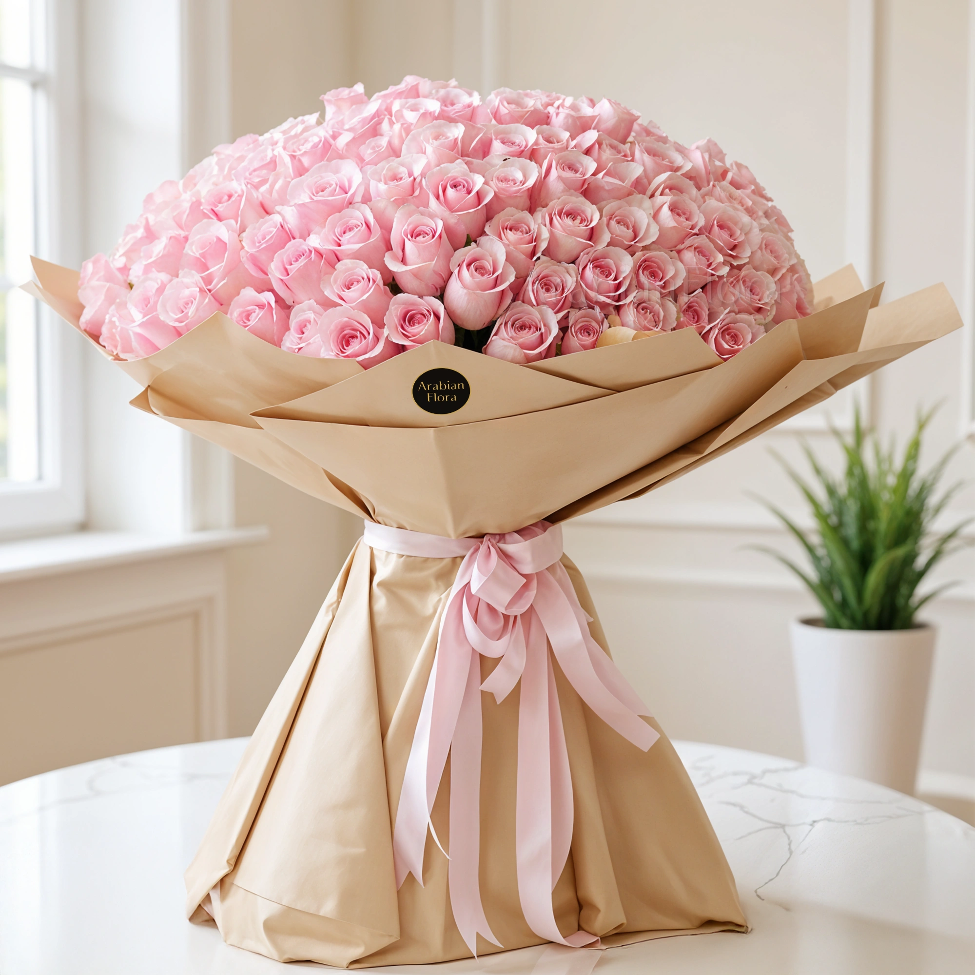 Bouquet of 200 pink roses with fillers in brown paper packing tied with pink ribbons.