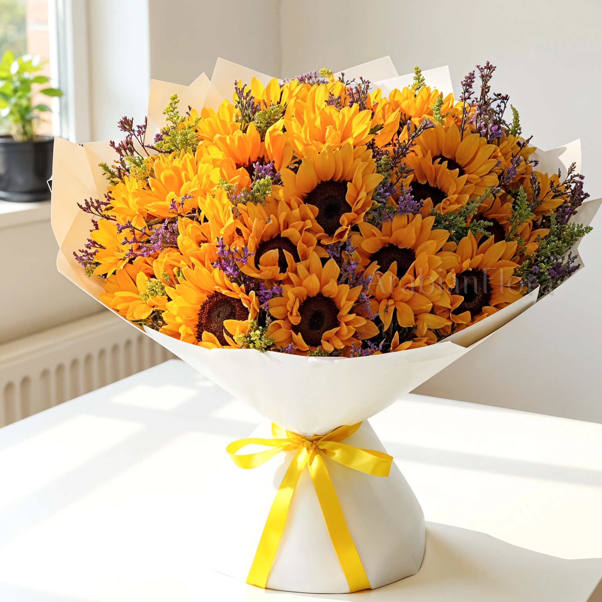 Bouquet of 25 Sunflowers with greens in a nice packing
