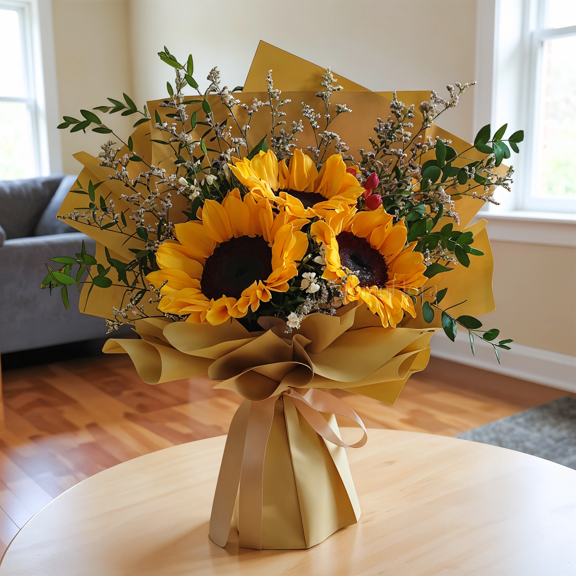 Bouquet of 3 Sunflowers with Fillers in Nice Wrapping.