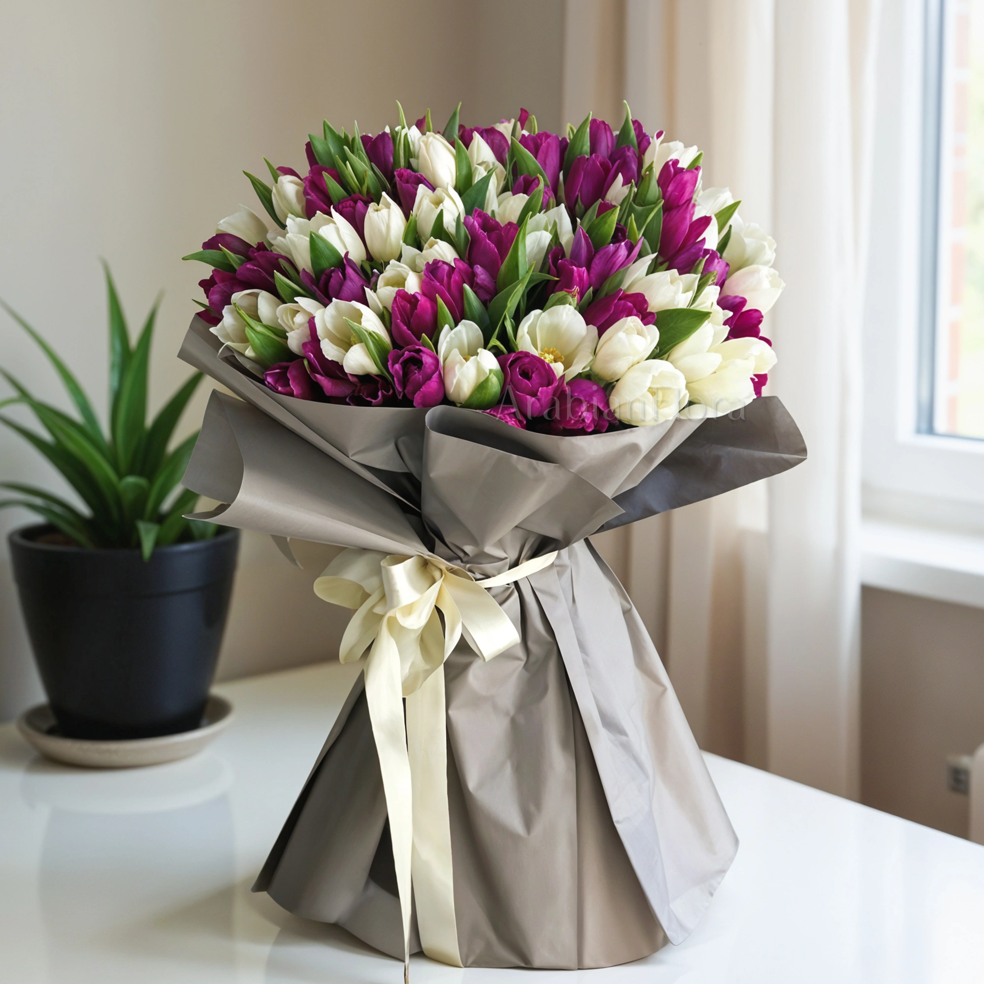 Bouquet of 40 White & 40 Purple Tulips in Grey Wrapping