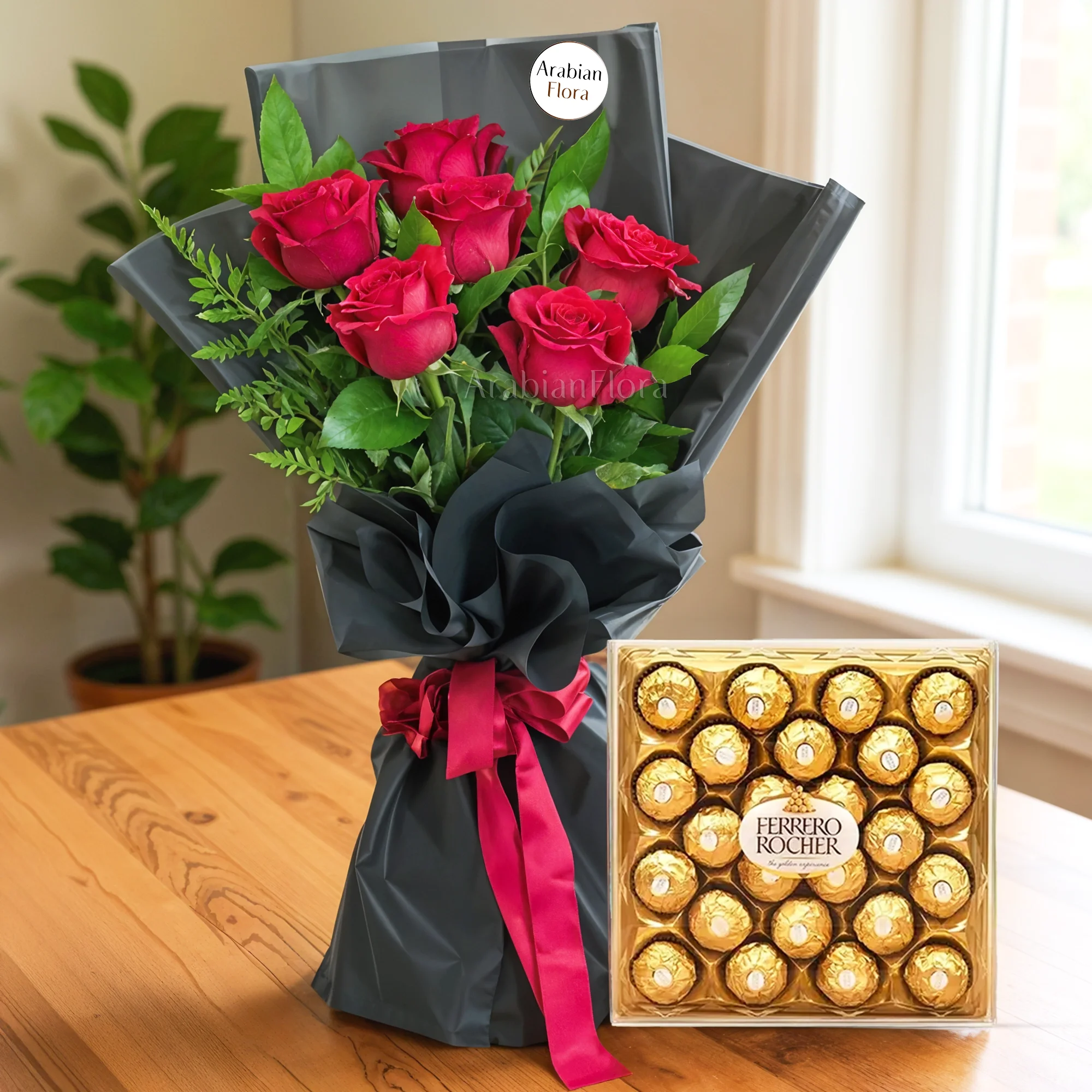 Bouquet of 6 red roses with 24 pcs Ferrero Rocher Chocolate Box.