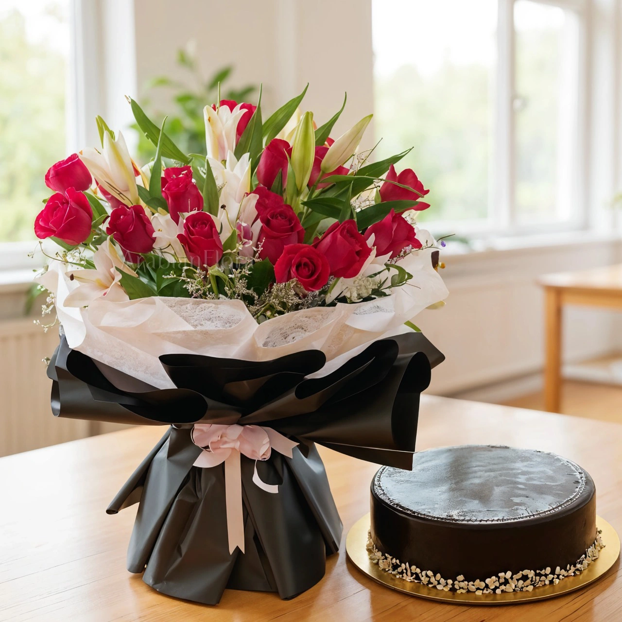 Bouquet of 3 pink lilies and 15 red roses with green fillers in nice wrapping and 1 kg chocolate cake.