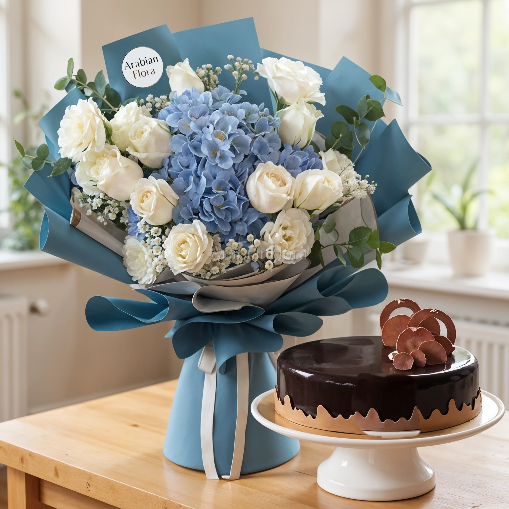Bouquet of 12 white roses and 1 blue hydrangeas in center with greens in nice wrapping and 1 kg chocolate cake.
