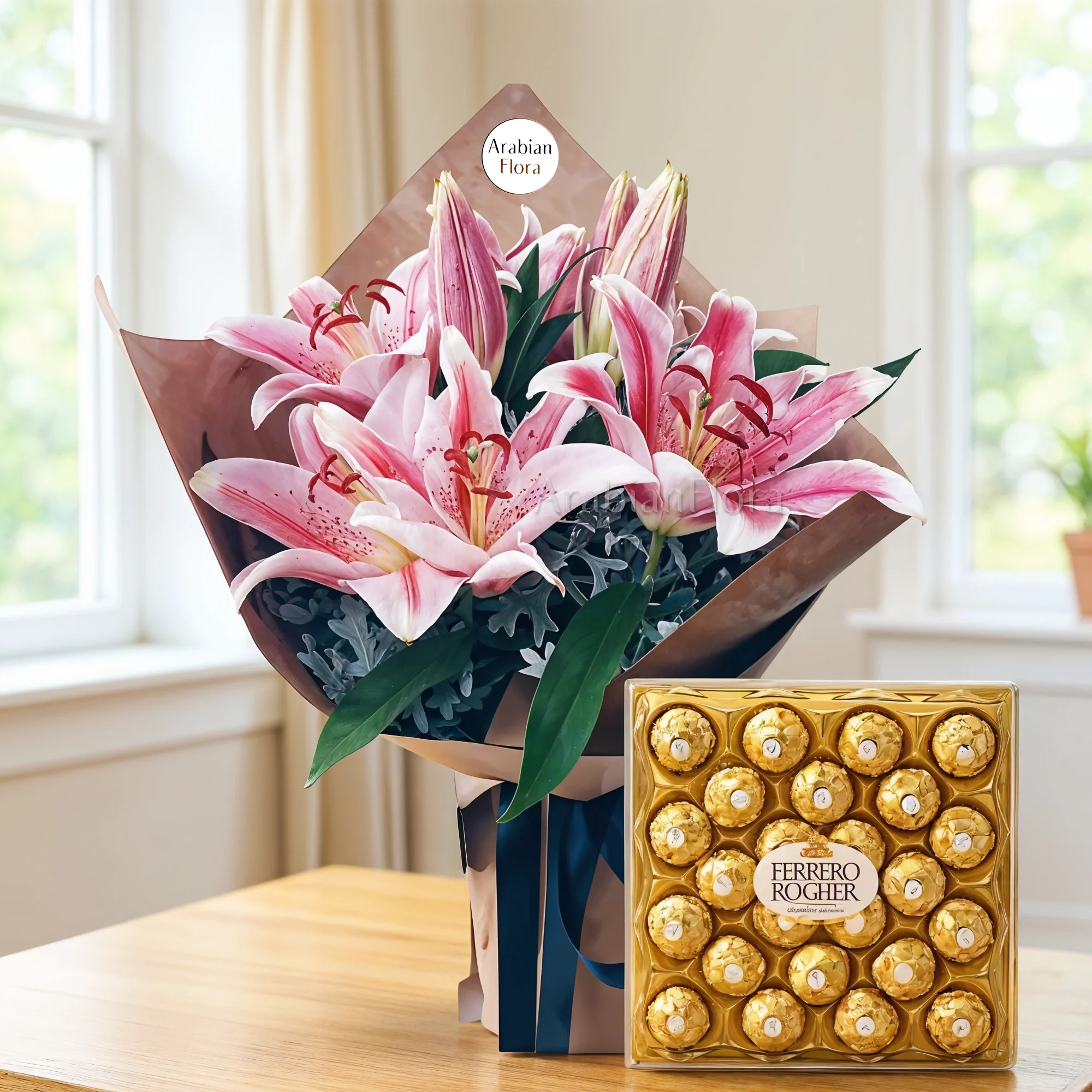 Bouquet of 3 pink lilies with green fillers in nice wrapping along with a box of 24 Pcs Ferrero Rocher Chocolate.