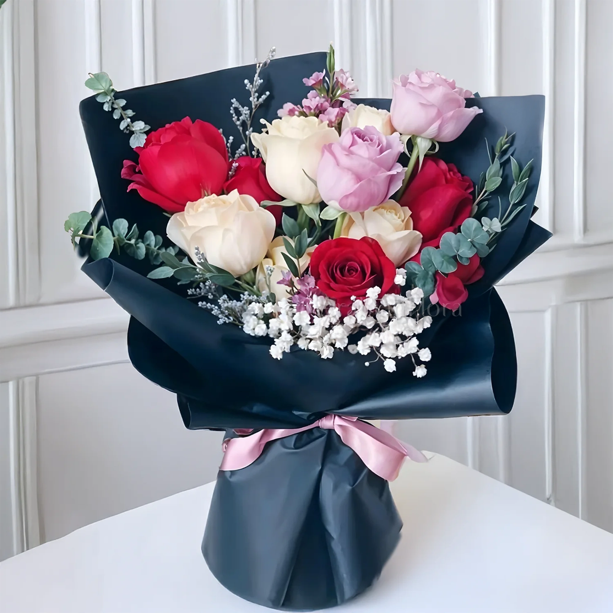 Bouquet of 5 red roses, 5 peach roses, 2 purple roses & white baby breath in nice wrapping