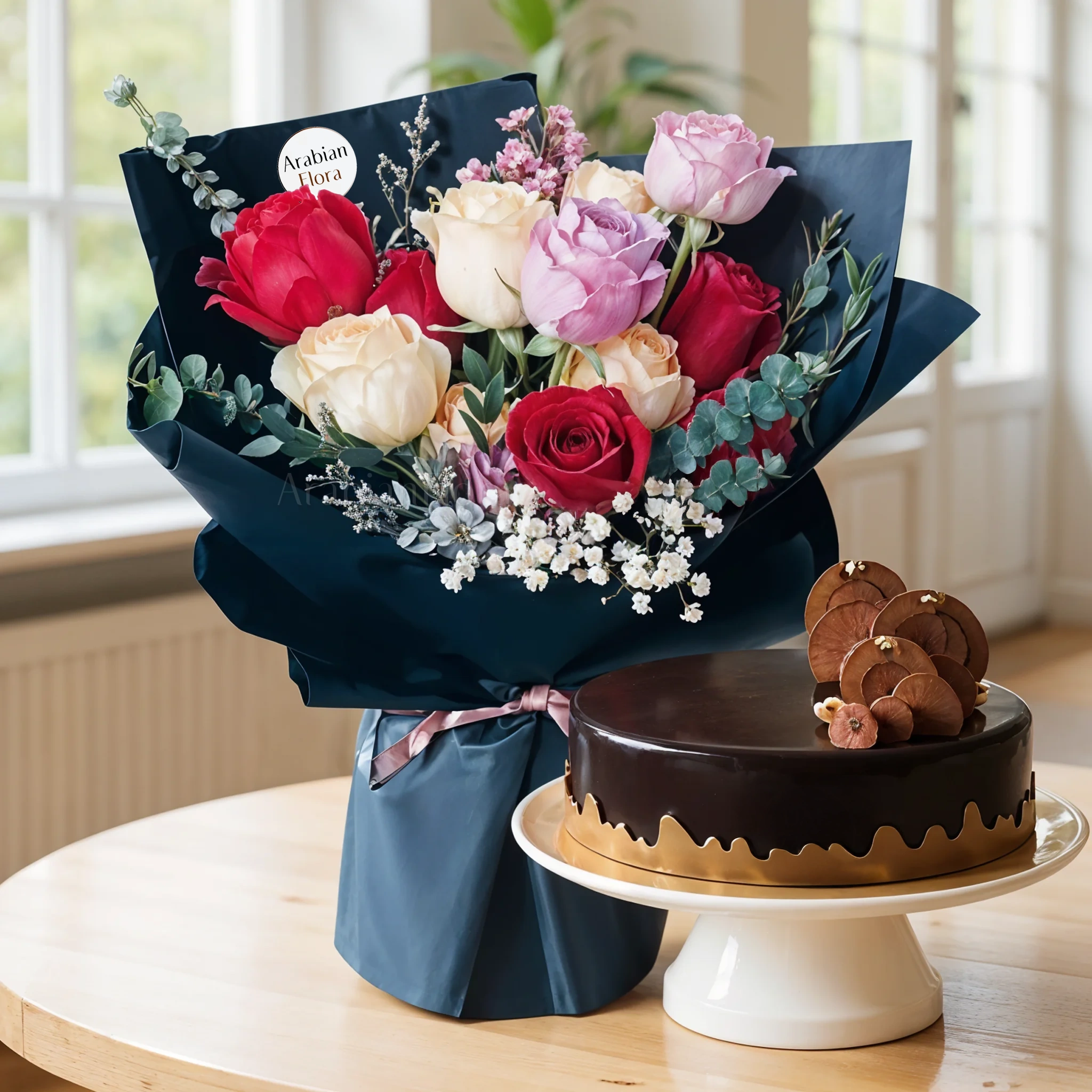 Bouquet of 12 Mixed Roses with 1 kg Chocolate Cake