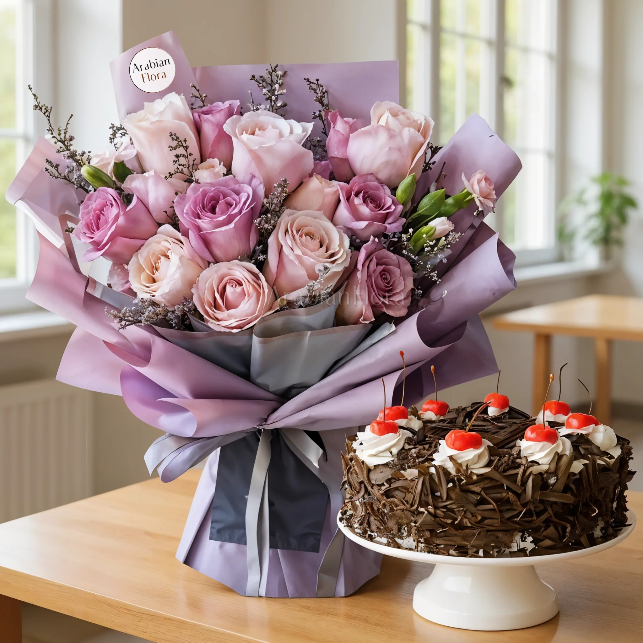 Bouquet of Roses & Carnations with Black Forest cake