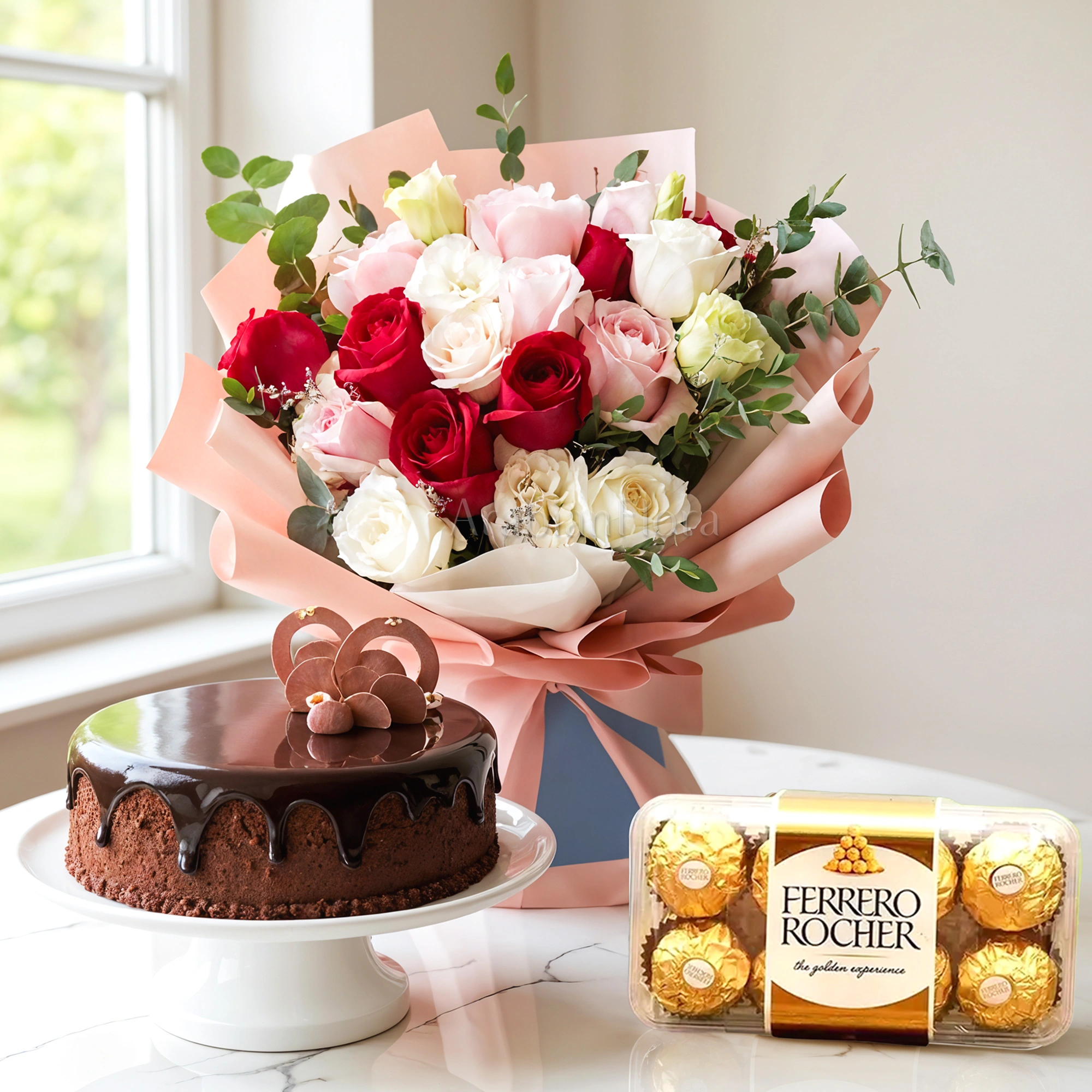 red, white and pink roses, 1 Kg Chocolate Cake and 16 Pcs Ferrero Rocher chocolate