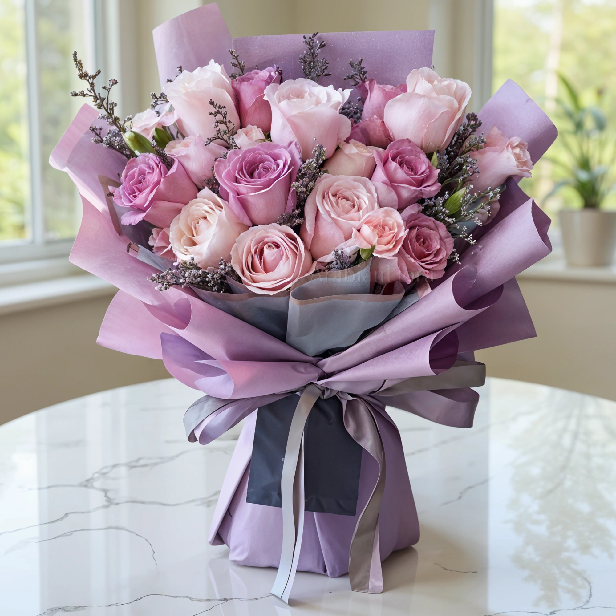 Bouquet of 9 light Pink Roses, 6 Purple Roses & 3 light Pink Carnations with fillers in a nice wrapping