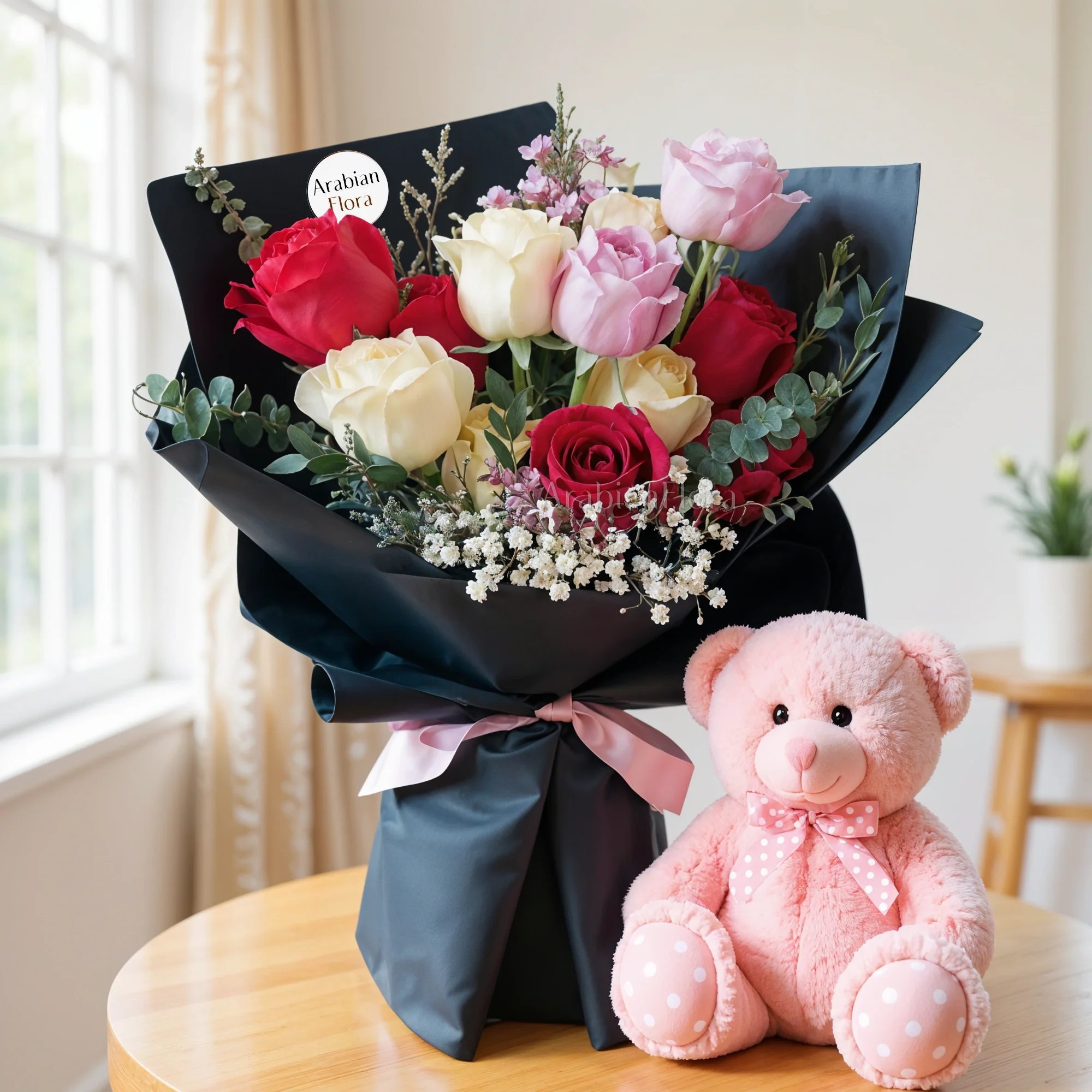 Bouquet of 12 Mixed Roses with 12 inches teddy